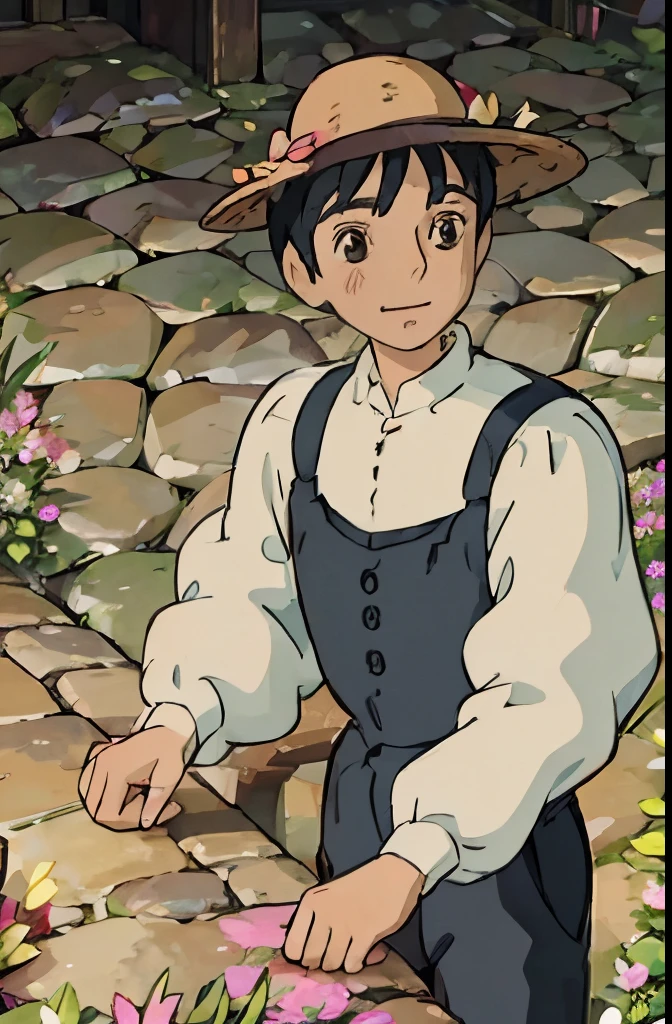 2 boy with black hair,wearing suspenders,best quality, ultra-detailed, extremely detailed, 4K, 8K, best quality, beautiful, anime style, full body focus, sofa, morning, a cool boy, 1boy, solo,, aristocratic costume, royalty, beautiful black hair, beautiful brown eyes, beautiful eyes, hat, flowers, light smile