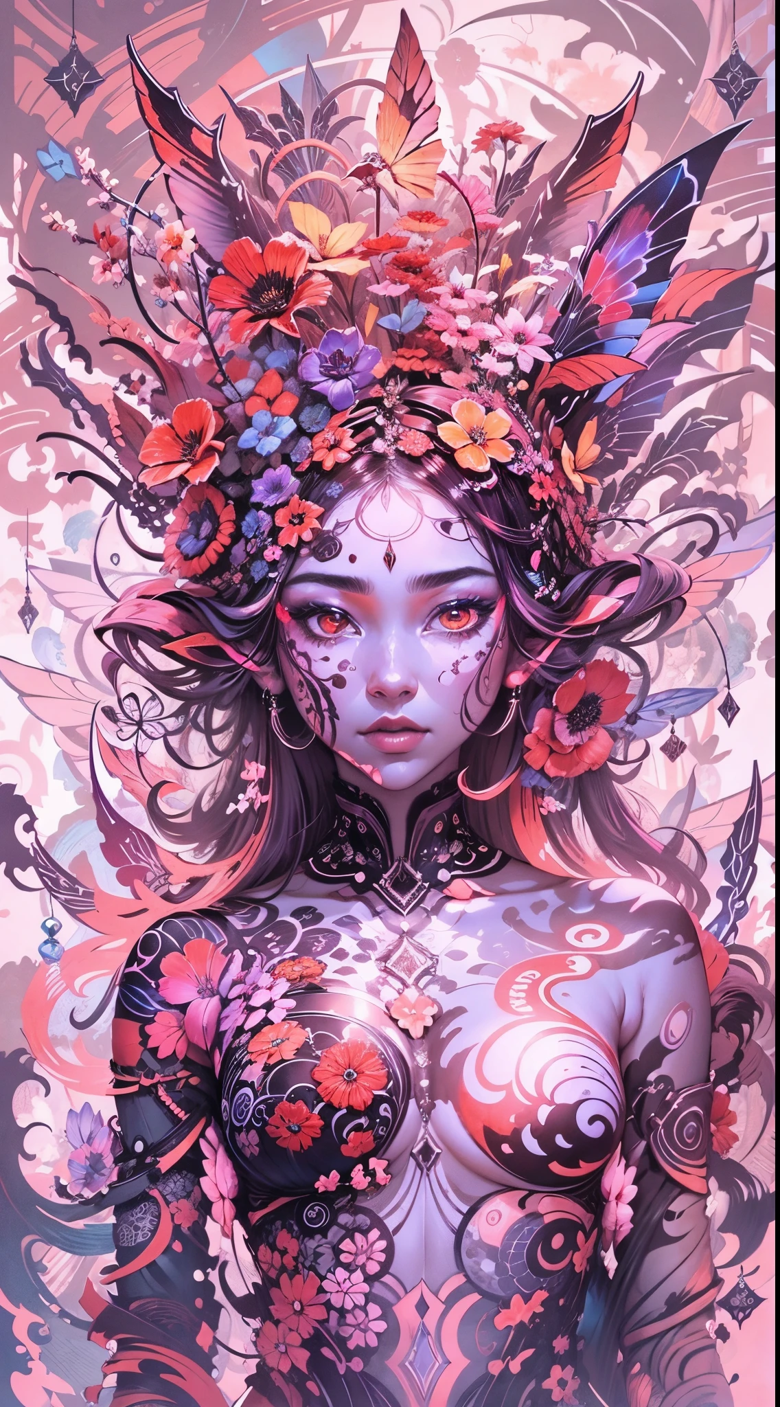 Half body, lingerie,Explosive, otherworldly painting of a shape-shifting deity adorned with chaotic life and nature motifs and omnipresent, piercing eyes, a breathtaking amalgamation of fine art and captivating photo collage, mesmerizing poster design:: their appearance exuded the enigmatic allure of vitality goddess minimalism fused with cosmic chaos:: --ar 9:16 --s 963 --c 9 --q 2 --v 5
