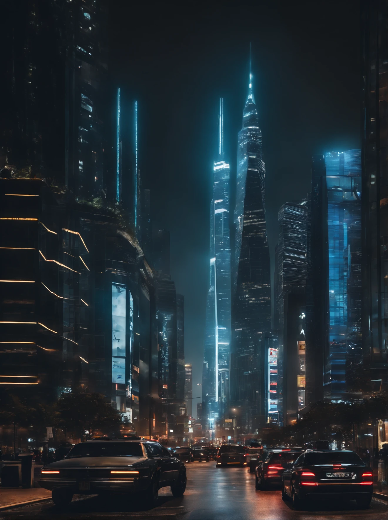 (A high resolution,Best quality,Ultra-detailed,Realistic:1.37),Futuristic city landscape,Neon lights,shiny reflective surfaces,Glass skyscraper,Hover vehicle,Fly drones,Crowded streets,Illuminated advertising,cyberpunk atmosphere,Technological progress,Color holograms,Cities in motion,Blurred motion trajectories,dark alley,Shadows and reflections,High-tech gadgets,Bustling city life,Stylish building,Impressive skyline,nighttime scene,Impressive lighting effects,Advanced transportation ,Robot Companion,AI integration,Modern city life,cybernetic enhancements,Smart devices,Well-designed  infrastructure,Ambient sounds of the city,Huge digital screen,Energy-efficient buildings,Advanced  planning,Attractive city dwellers,The metropolis of the future,A seamless blend of nature and technology