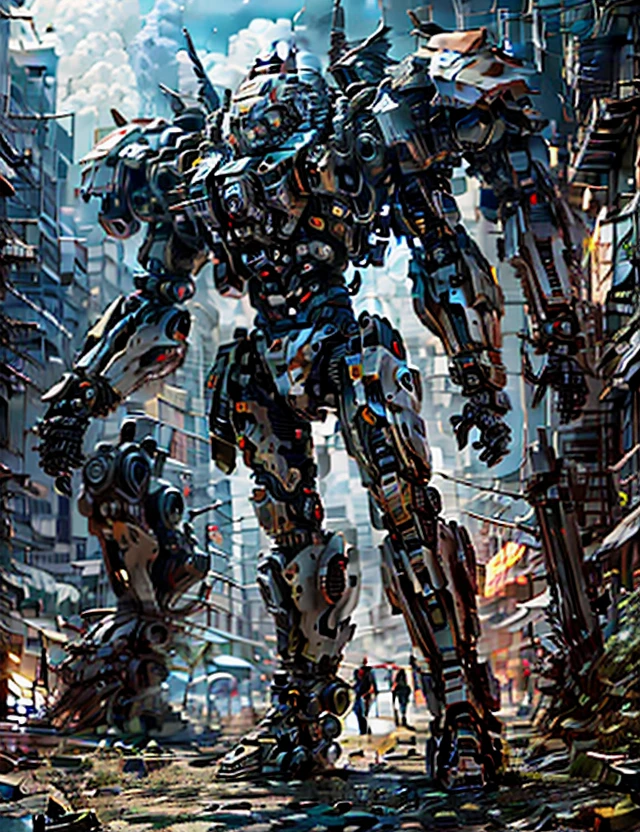 Imagine a city being attacked by giant robots 1,000 meters tall, Your task to create an image that represents this chaos and the battle between robots and the military trying to protect humanity. Comece desenhando city, its buildings and streets, Showing them in ruins and damaged by attacks. Put the giant robot into attack position, Featuring advanced weapon details and a menacing appearance. segida, Describe the actions of the military, Show brave soldiers fighting with robots, Use weapons and protective equipment. Battaglia Capture Strength Certificate, and the determination of the soldiers to protect. Highlight the and chaotic, Add elements such as burning buildings, Flying debris and smoke. Use dark colors and shadows to emphasize the atmosphere of danger and tension. Additionally, Includes pessoas aterrorizadas and buscando abrigo, Expressing their fear and desperation in the face of giant robot attacks. no finals, Review your work,Ensure the visual narrative clearly conveys the battle between giant robots and armies, com sellados corajosos lutando para proteger as pessoas em meio ao caos da cidade sendo atacada