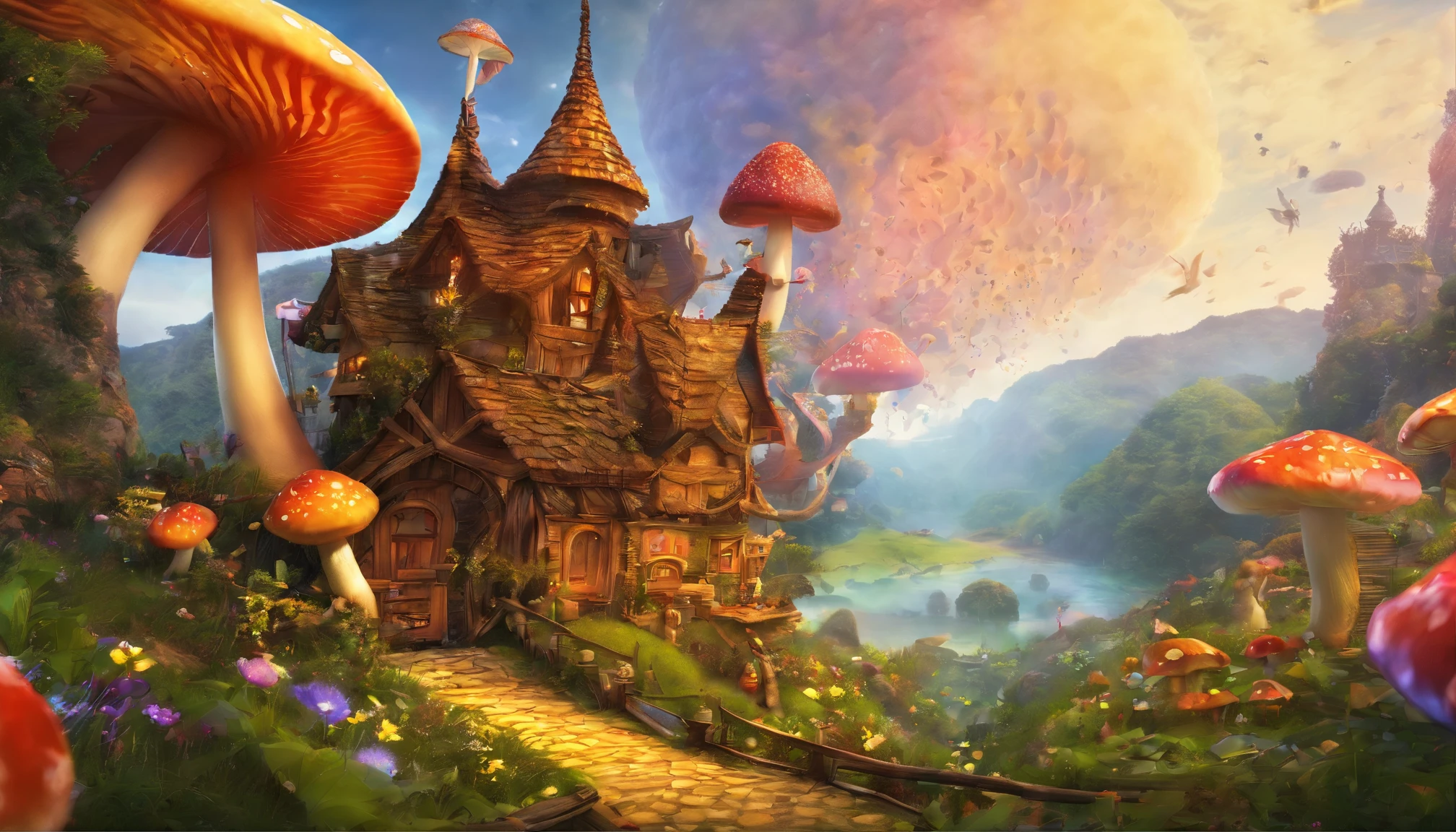 fairy tale picture book,mid air,Ultra-wide angle of view,Fairy tale town,Many mushroom houselossom,butterflylorals,a plant,high high quality,16K resolution,(Best quality at best),(tmasterpiece),ultra - detailed,detailed detail,ultra - detailed,ultra real photo,Overclocked renderer,Accurate