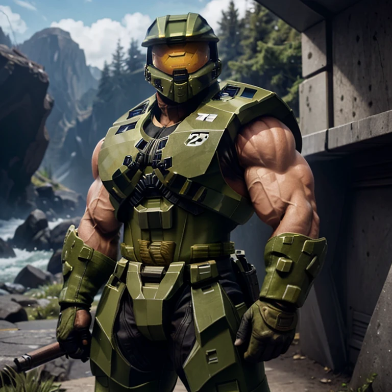 Master Chief, 1 boy, extremely strong muscles，shalloorgeous vest，