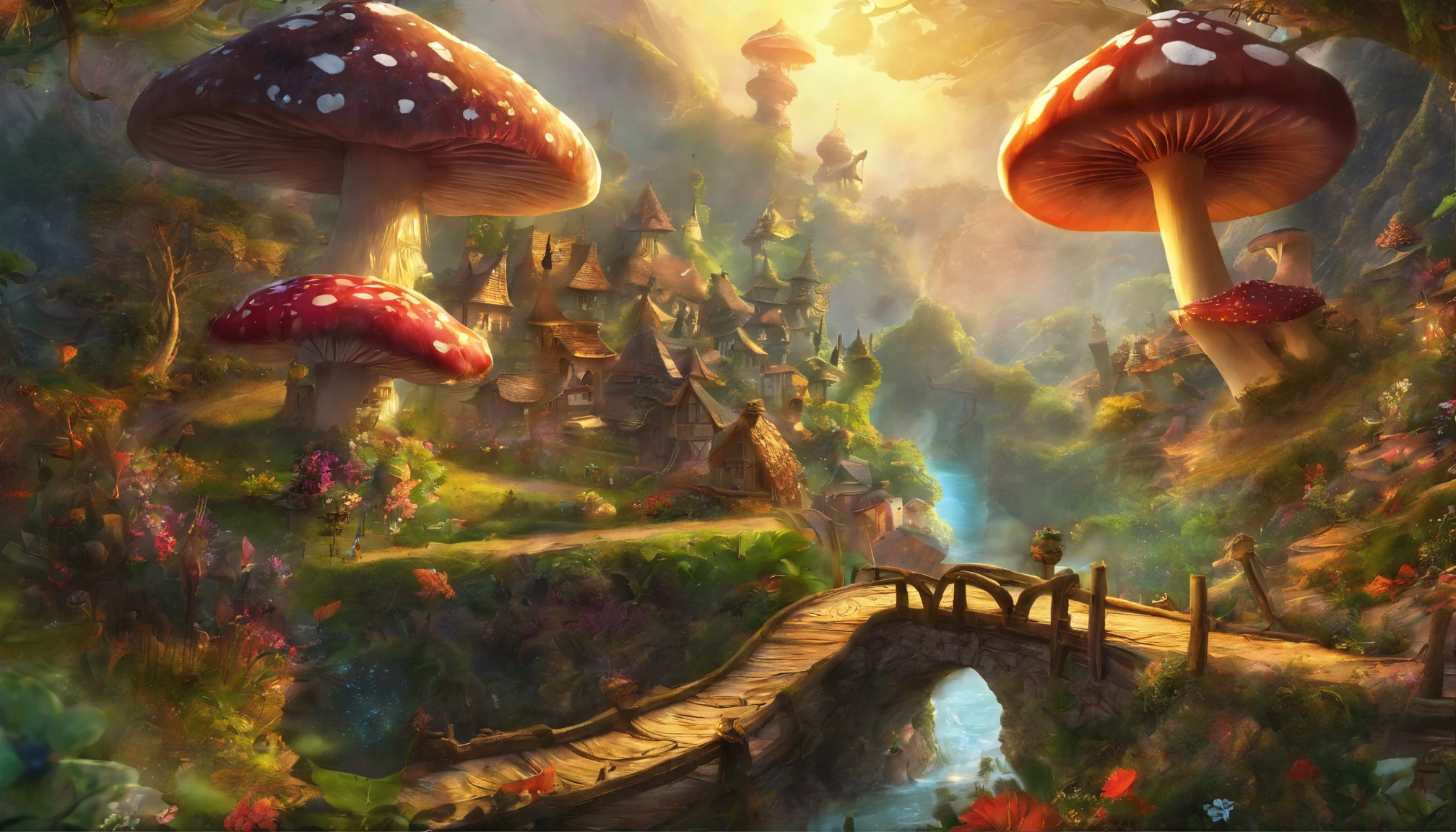 fairy tale picture book,mid air,Ultra-wide angle of view,Fairy tale town,Many mushroom houselossom,butterflylorals,a plant,high high quality,16K resolution,(Best quality at best),(tmasterpiece),ultra - detailed,detailed detail,ultra - detailed,ultra real photo,Overclocked renderer,Accurate