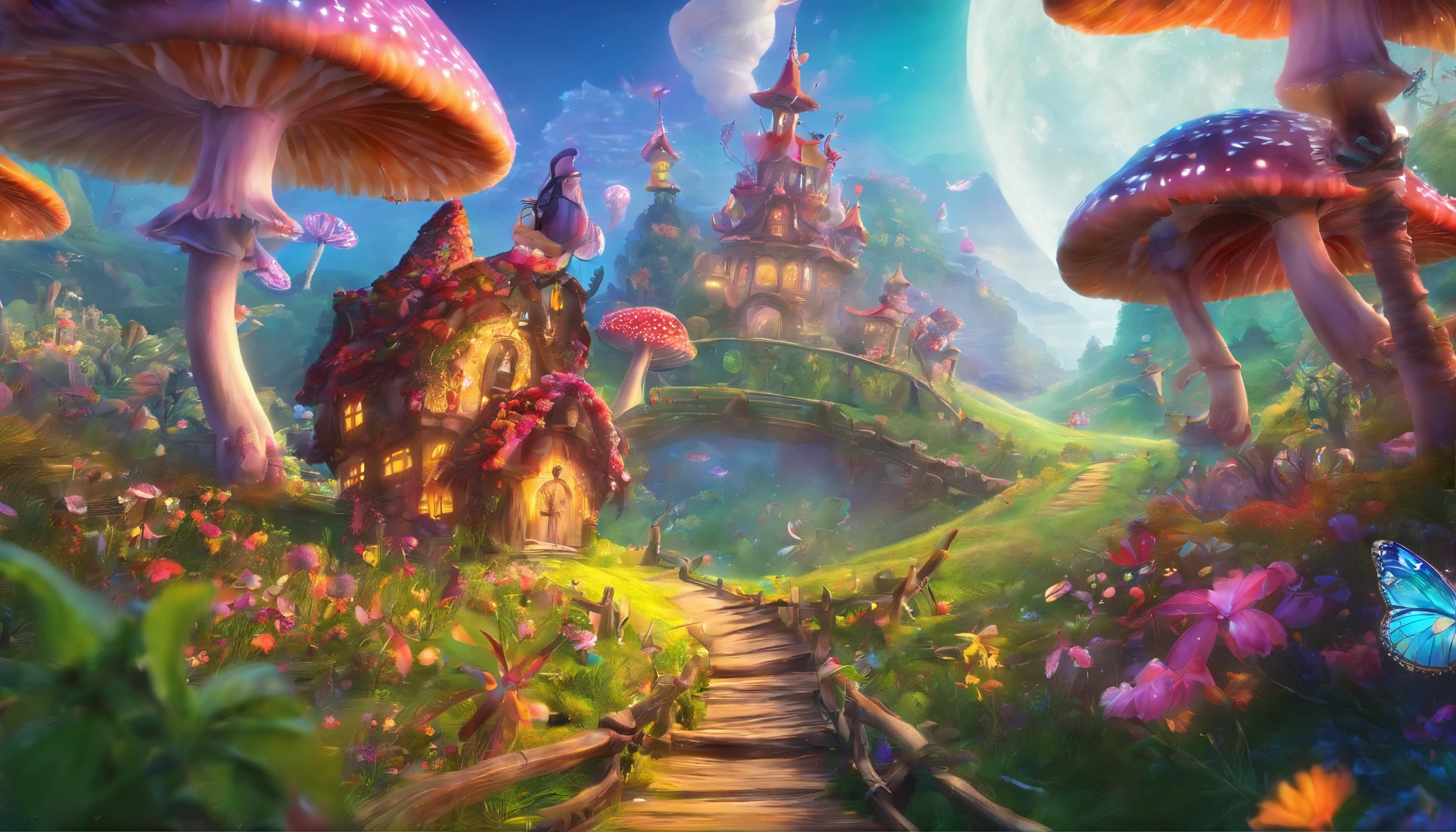 fairy tale picture book，mid air，Ultra-wide angle of view，Fairy tale town，Many mushroom houselossom，butterflylorals，a plant，high high quality，16K resolution，（Best quality at best），（tmasterpiece），ultra - detailed，detailed detail，ultra - detailed，ultra real photo，Overclocked renderer，Accurate