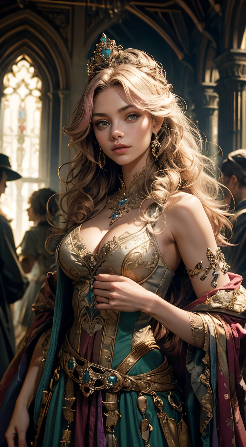 1 girl, solo focus, pink wavy hair, fashion hair, light green eyes, medium breasts, cleavage, fit body, intricate royal dress, regal poses, masterpiece, ultra HD, raw photos, detailed skin textures, detailed face, detailed hair, detailed crown, perfect hands, cowboy shot