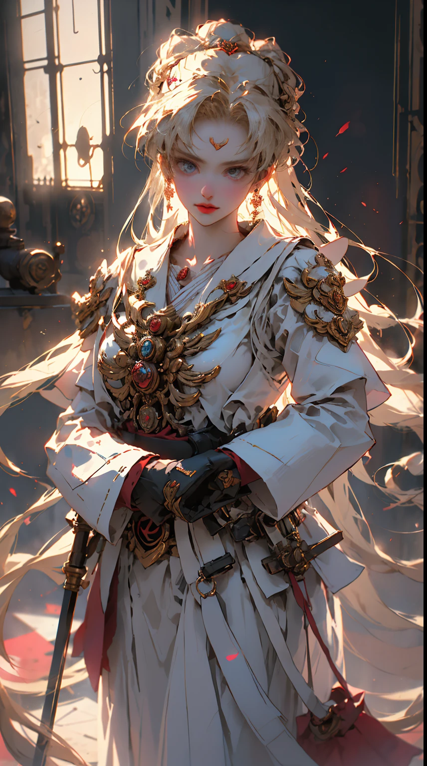 One from a mobile game《Glory to Kings》girl charlotte,(Best quality at best,high rise),Wearing the exclusive skin cooperated with "Honor of Kings" - Fu Sheng Wan,Have beautiful and delicate eyes,The overall design inspired by the priestesses of traditional Japanese shrines.,Confidently(realistically)Pose up,Retain the traditional shrine maiden uniform - undergarment,Manteau blanc,Crimson hakama,Chihaya,Red button straw sandals,Specially added armor design on the waist,Strengthens the overall sense of combat,Under the warm golden sunshine(Vivid colors)。The painting depicts Charlotte in dynamic poses,With flowing hair and delicate features,Such as long eyelashes and beautiful and delicate lips。This artwork was created using digital painting and 3D rendering techniqueediating:number art,3Drenderingof)of mixed creations,resulting in a hyper-detailed and sharply focused representation of the character(ultra - detailed、Clear focus)。Soft studio lighting illuminates the scene perfectly,Enhances image depth and realism(Studio lighting)。The color palette vibrant,Featuring a mix of warm and cool tones,With Charlotte's fiery personality and charming surroundings(colorful)Complement each other。The visual style blends elements of anime and concept art,Showcases characters and games(anime、concept-art)The dynamic and fantastical nature of。This image has high resolution,described in extreme detail,Capturing every intricate detail of people and landscapes(Tall structuretreme detail description)。Judging from the quality and attention to detail,This a masterpiece,Shows the beauty of the character and the world she inhabits(tmasterpiece:1.2)。