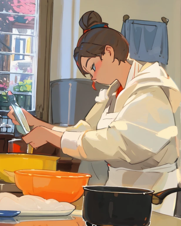 there a woman that something in a bowl, by Anna Haifisch, cooking show, plating, by Else Alfelt, viktoria gavrilenko, shoulder in front pose, in the kitchen, cooking, niele toroni, magalie villeneuve, beautiful surroundings, by Emma Andijewska, looking partly to the left