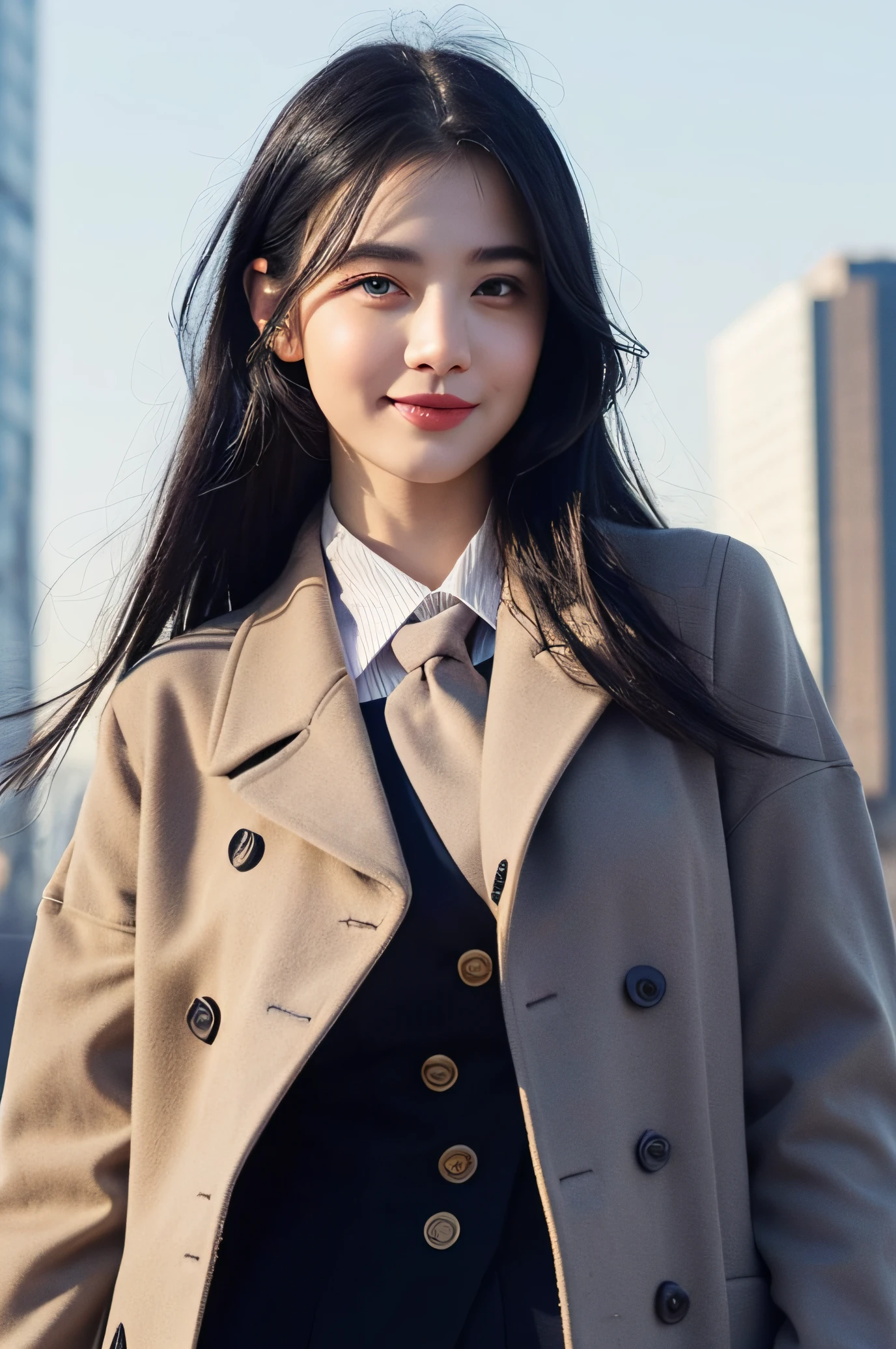 (extra detailed body、extra detailed face, best qualtiy:1.2)、female welcoming sweet smile, working attire with overcoat, looking at the viewerode Fashion Show、Black shining hair、blue eyes lue moon in the background, big breasted:1.4)