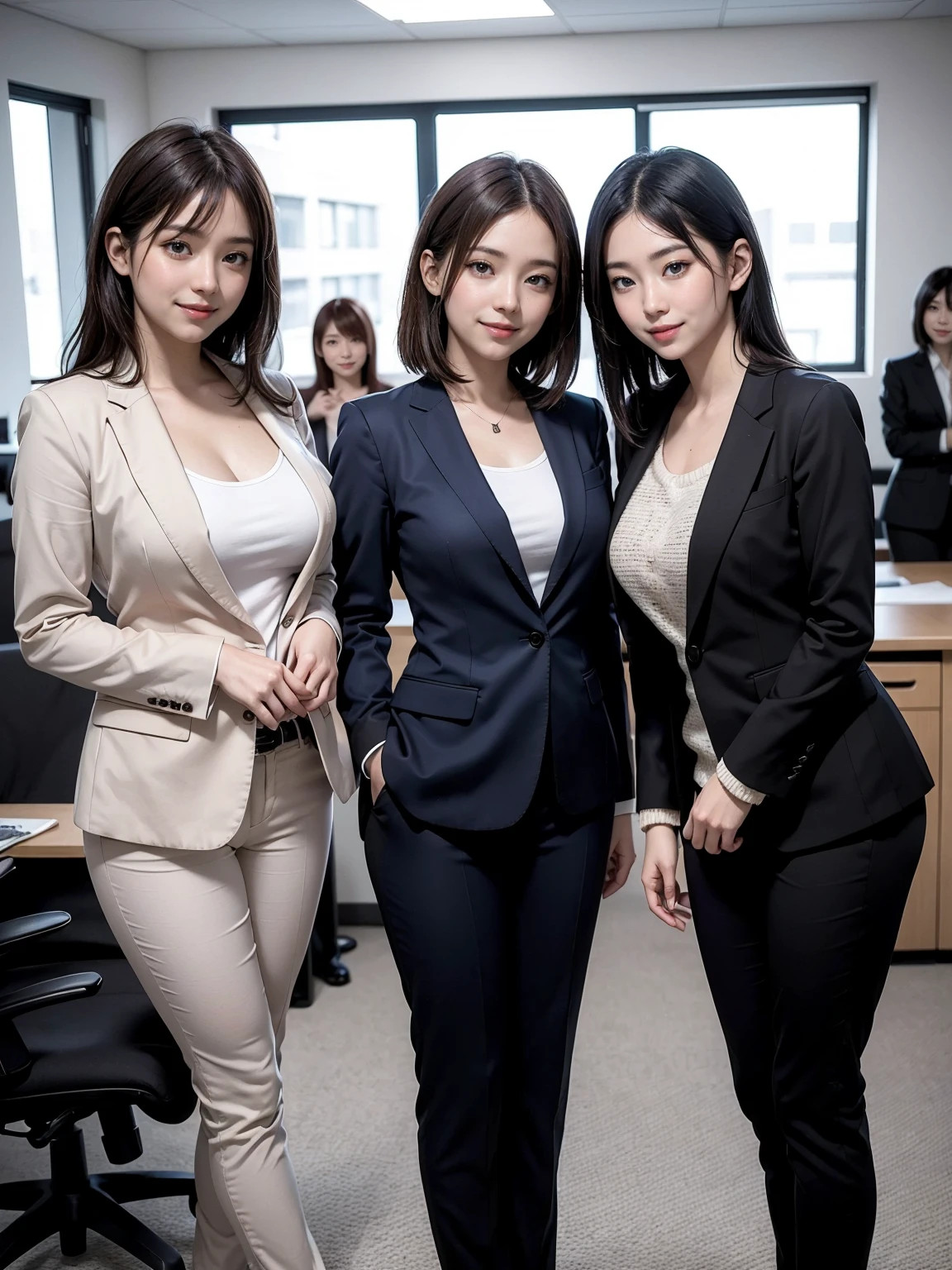 (Masterpiece), (8K, Photorealistic, RAW Photography, Best Quality: 1.4), Japan, Beautiful Face, (Realistic Face), (Medium Hair:1.3), Realistic Eyes, Beautiful Eyes, (Real Skin), Beautiful Skin, Attractive, Ultra High Definition, Ultra Realistic, High Definition, Beautiful Japan woman, grey suit, open jacket, office lady, suit, ((pants)), office, desk, (sticking out buttocks: 1.2), detailed face, long hair, smile, group picture, multiple girls, 4girls, looking at viewer, ((smile)), (huge breasts)