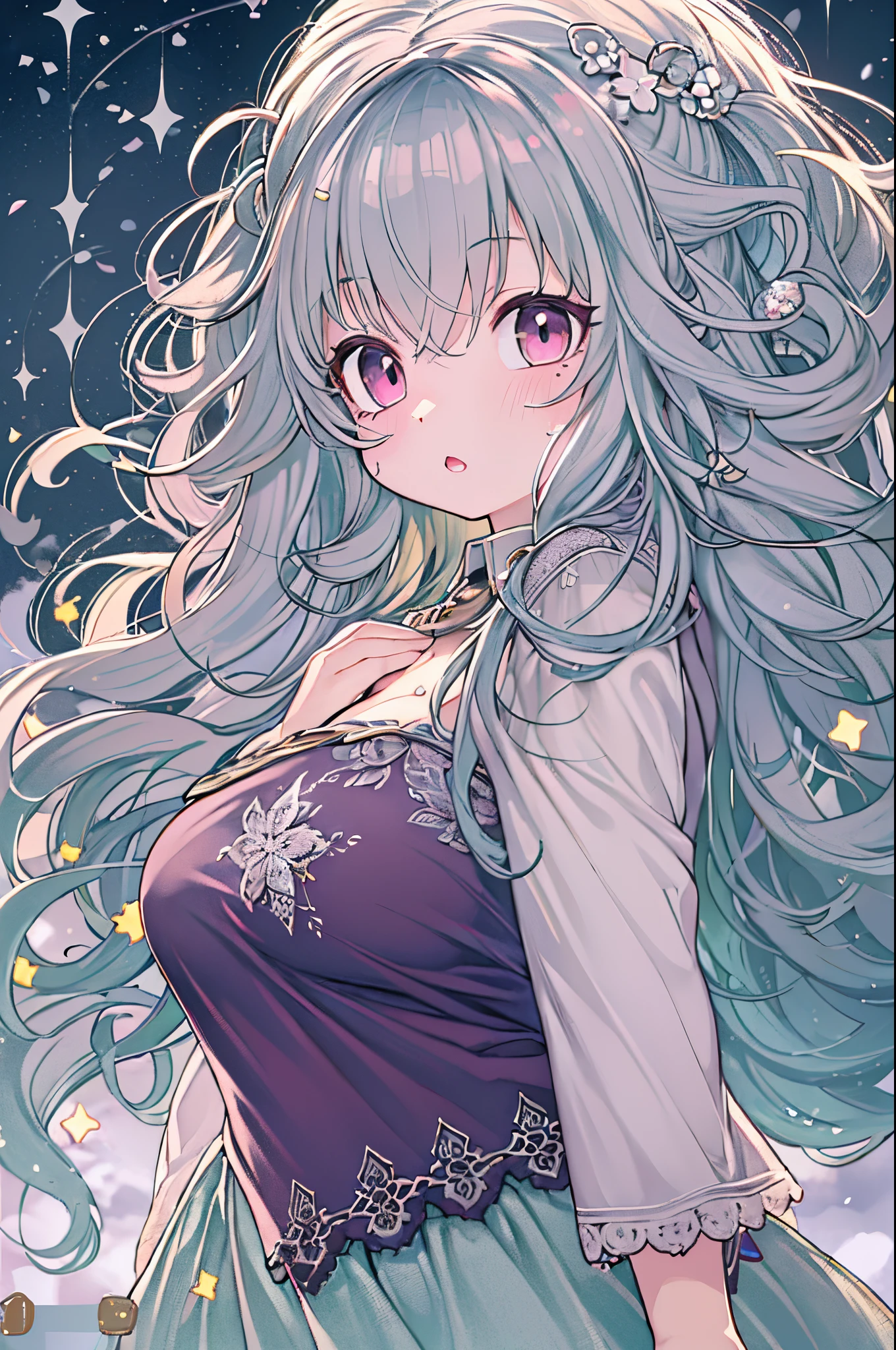 Detailed background, masutepiece, Best Quality, 1 person , Curly hair, Long hair, Purple eyes, stars in the eyes , Strapless blouse, long skirt