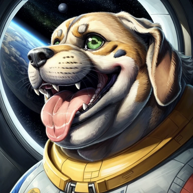 Fat, Obese, Overweight male, standing, (dog), hungry expression, grey skin, pink skin, big face, fangs, blep, thick tongue, green eyes, (((detailed genitalia outline))), space, spaceship, window, 5 fingers, detailed color sketch, (detailed mouth, detailed eyes, detailed groin,) by koto_kotobuki