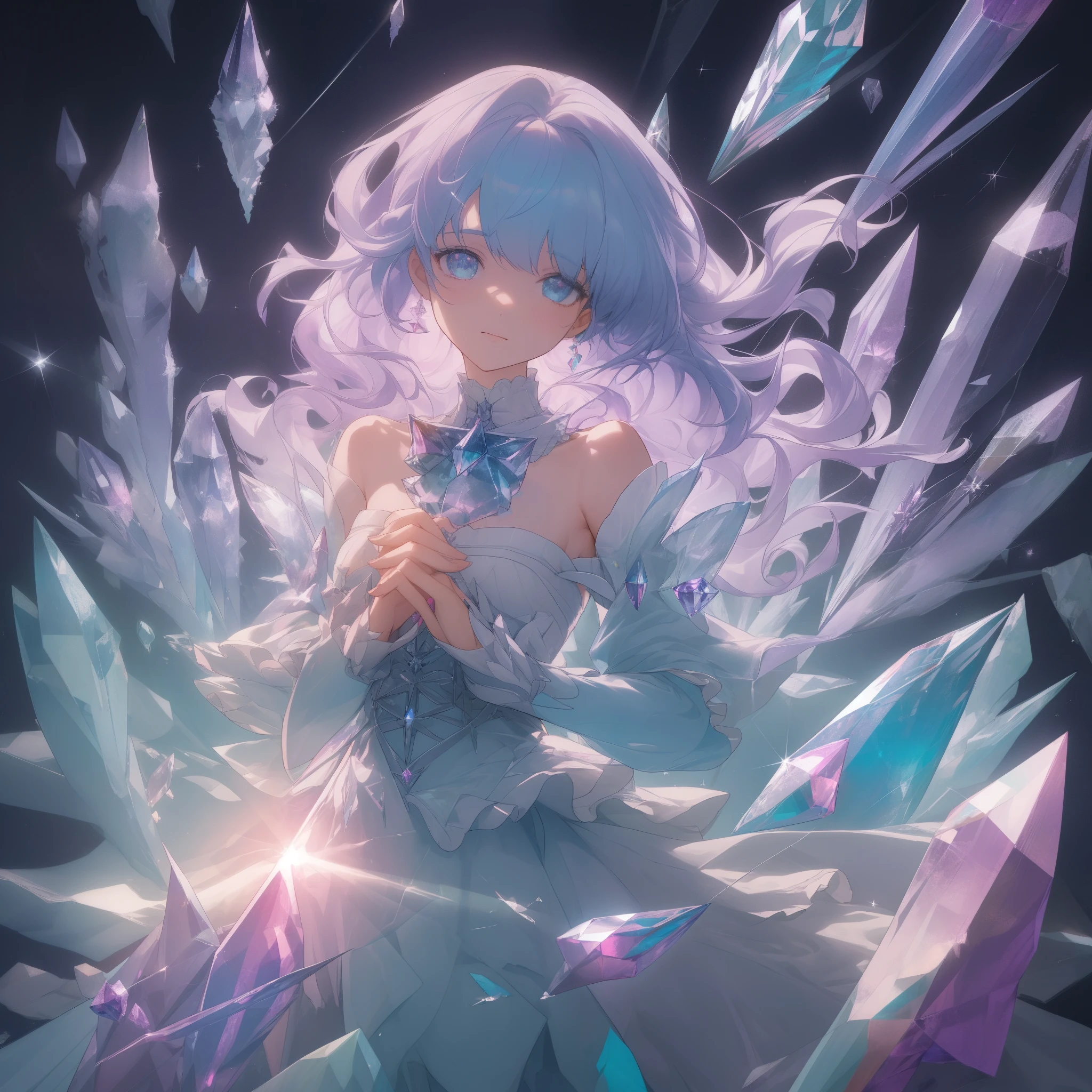 (((crystals texture Hair)))，{{{{{extremely detailed CG}}}}},{{8k_wallpaper}},{{{{Crystalline purple gemstone gloves}}}},((beautiful detailed Glass hair)),((Glass shaped texture hand)),((Crystallize texture body)),Gem body,Hands as clear as jewels,Crystallization of clothes,((crystals texture skin)),sparkle, lens flare, light leaks, Broken glass，{{{{Detailed Glass shaped clothes}}}}， ((masterpiece)), (((best quality))), ((ultra-detailed)), ((illustration)), ((disheveled hair)), ((frills)), (1 girl), (solo), dynamic angle, big top sleeves, floating, beautiful detailed gemstone sky, gemstone sea, beautiful detailed eyes, overexposure, side blunt bangs, hairs between eyes, ribbons, bowties, buttons, bare shoulders, (((small breast))), pleated skirt, crystals texture flowers， ((Detailed crystallized clothing)),(gemstone of body)，solo focus,hands together/own hands together