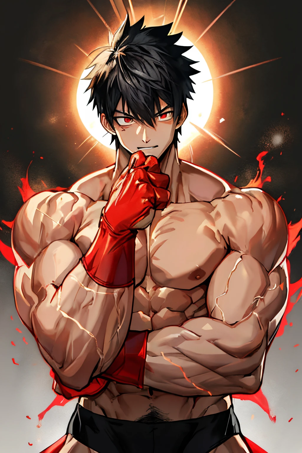 male, anime guy, ripped, jacked, muscular, red eyes, ,glowing aura, natural light, masterpiece, glossy skin, cute, kawaii, reaching up, , cuddle, kawaii clothes, random hair style, random clothes, black hair, yellow eyelack hair)), random pose, random background, random action, sexy, hot, nipple slip, full body, random expression, muscular body, abs, big , good hands, strong hands, tank top