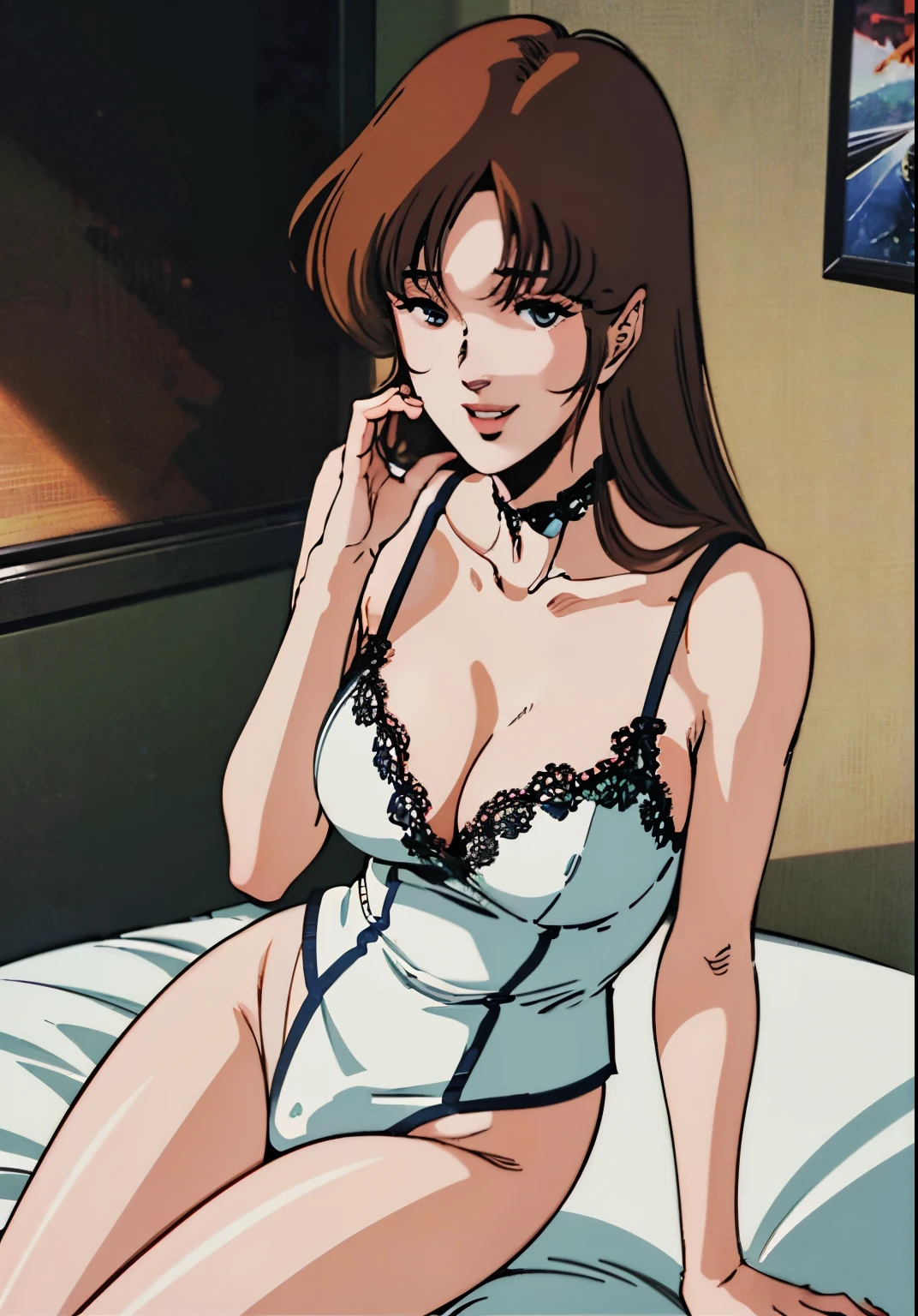 (Masterpiece, extremely detailed 8k CG, sharp line), offcial art, Colorful, Beautiful Japanese anime style，Extremely detailed eyes and face，Sharp pupils，realistic pupil，，Elongated eyes，, one pretty woman, (lace negligee), Dark brown eyes, Hands on chest.4, looking at viewer, smile, medium breasts, cameltoe:1.3, cleavage, :1.2, perfect body figure，slim，9 head-to-body ratio, sexy thighs, sitting on bed