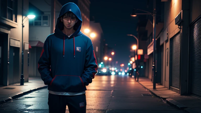 Man wearing hoodie , night theme , standing alone in a lonely street , with red and blue light , 4k realistic image