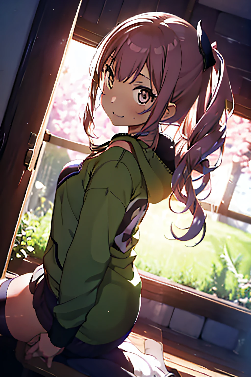 1girl), bottomless, anime style, polished and powerful look, huge breast, exotic, girl design, mara, portrait, giesha, anime image, with yellow green side tail long hair, showing shoulder, black and green punk hoodie, low angle, wide angle lens f/2.8, ultra insane high resolution intricate textures, texture indentation, perfect perspective, perfect geometry, ultra insane ambient lighting, ultra insane ambient shadows, luminism, tessellation, maximalism, perfectionism, IPA Award wining masterpiece, full body