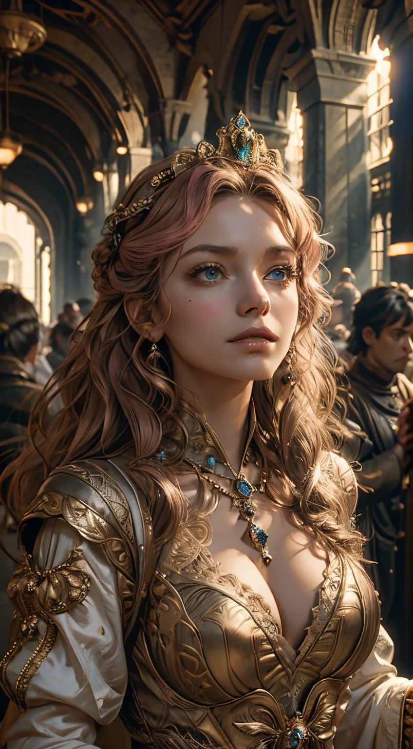 1 royal girl, solo focus, pink wavy hair, fashion hair, light green eyes, medium breasts, cleavage, fit body, intricate royal dress, majestic dress, regal poses, masterpiece, ultra HD, raw photos, detailed skin textures, detailed face, detailed hair, detailed crown, perfect hands, cowboy shot