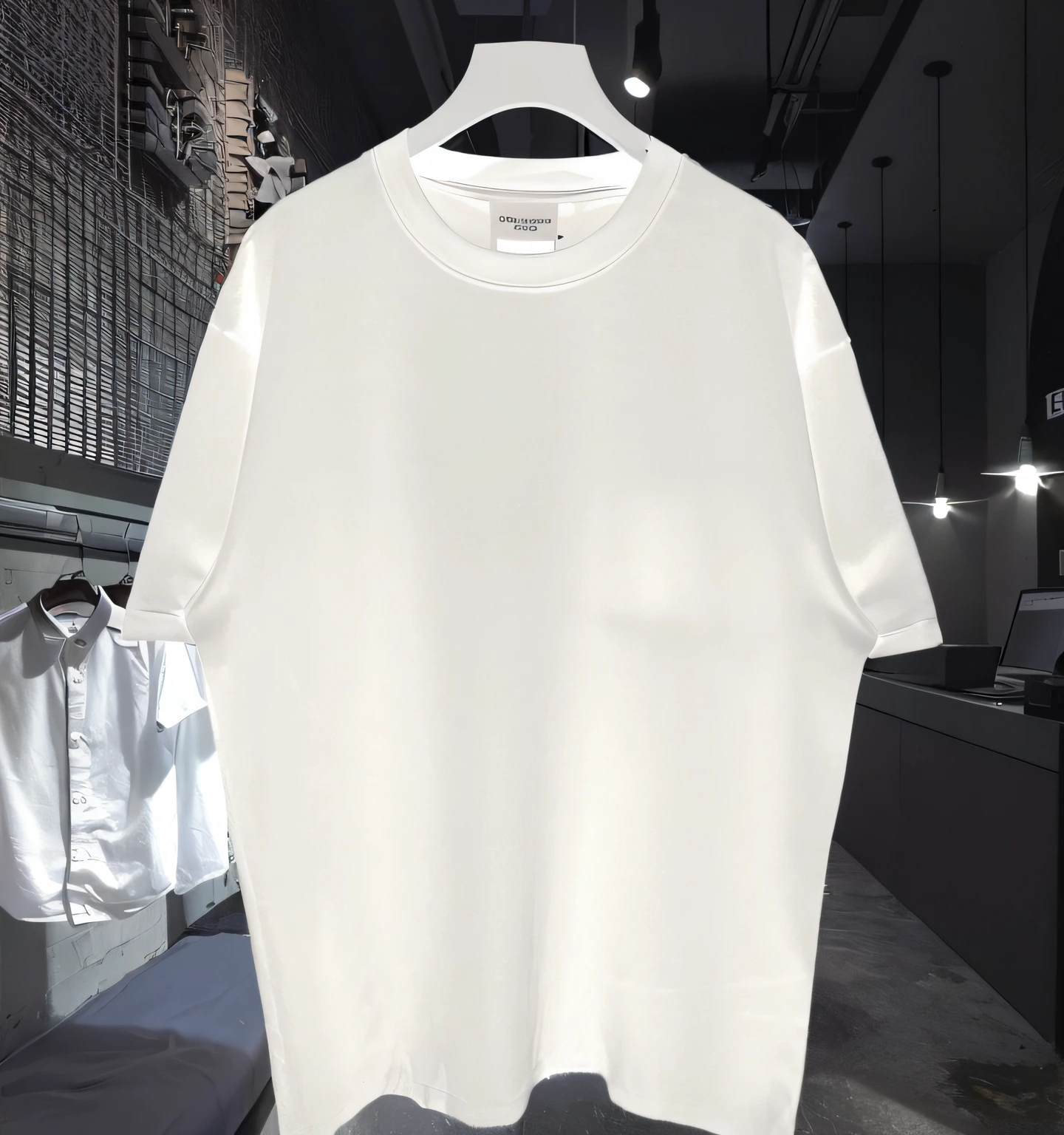 Close-up of a white shirt hanging on a hanger in a room, White T-shirt, white blouse, pearl white, White trendy clothes, Plain white shirt, white blouse, White casual clothes, White Clothes, Rick Owens, White Clothes, 3D thick, Shiny white, Realistic clothing, ( ultra realistic ), white, black and white!!!!!, T-Top