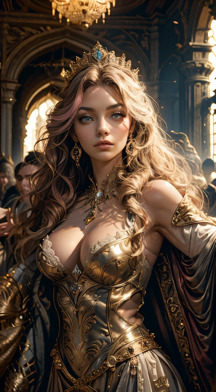 1 royal girl, solo focus, pink wavy hair, fashion hair, light green eyes, medium breasts, cleavage, fit body, intricate royal dress, majestic dress, regal poses, masterpiece, ultra HD, raw photos, detailed skin textures, detailed face, detailed hair, detailed crown, perfect hands, cowboy shot