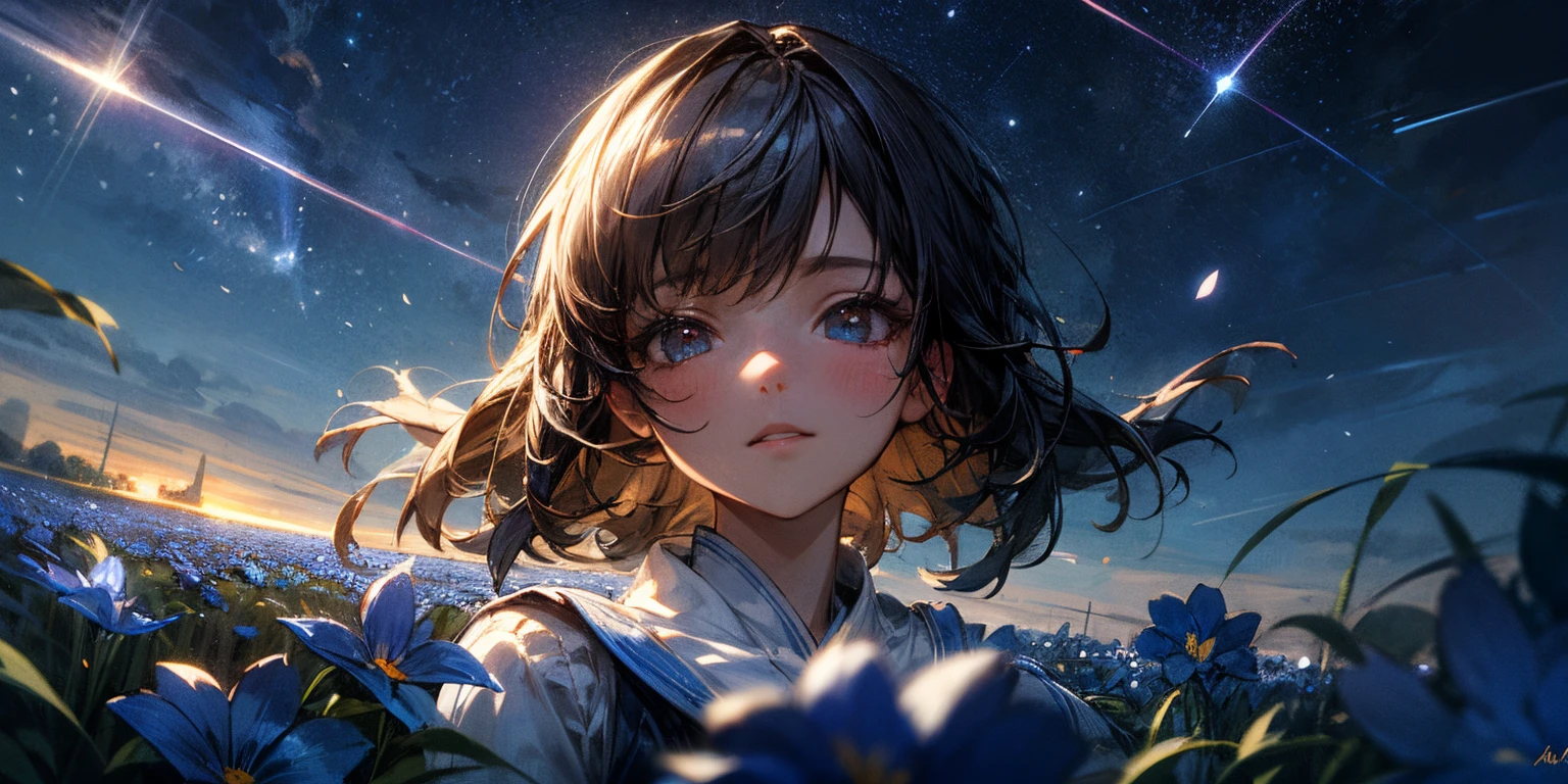 Masterpiece, Best Quality, Ultra Detailed, CG, Cinematic Angle, Close-up, Perspective, Portrait, Delicate Eyes, A Girl, Standing in a Field of Flowers, Blue Flower Field, Petals, Blue Flowers, Sea of Flowers, Night, Starry Sky, Moon, Shooting Star