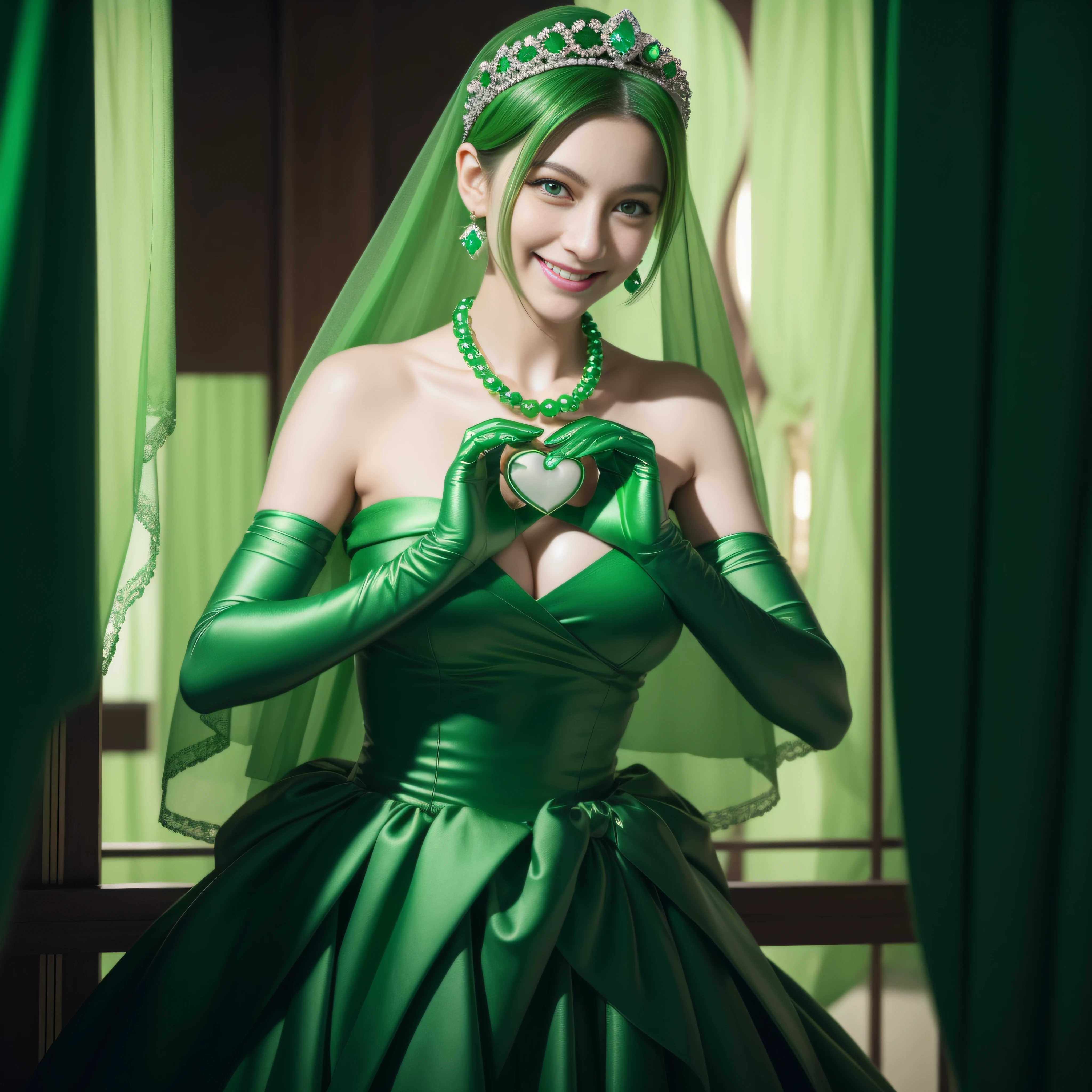 emerald tiara, Green Pearl Necklace, Boyish very short green hair, lipsticks, Japan woman smiling, very short short hair, big breasts beautiful, Green eyes, Long green gloves made of satin material, Green eyes, Emerald Earrings, green vale, Heart with both hands, Green hair