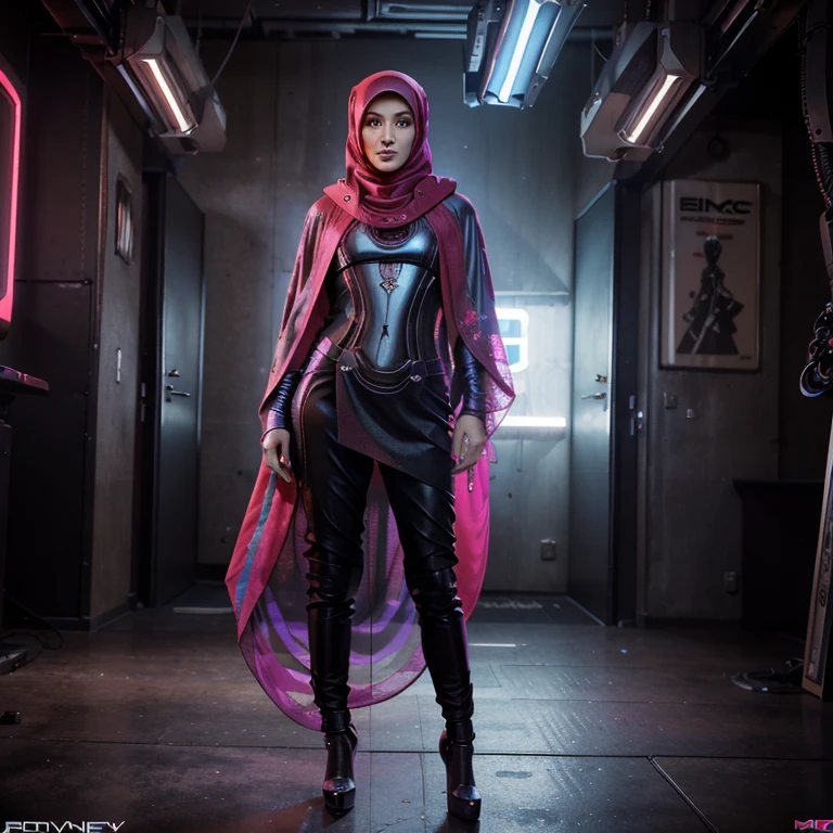 (Red and Magenta), (Neon Cyberpunk Hijab: 1.5), [Style: Red Cyberpunk: 1.3], (RAW Photos: 1.2), (Perfect robotic Eyes: 1.5)),  (Photorealistic: 1.4), (Masterpieces: 1.3), (Best Quality: 1.4), Dreamy, (Detailed Eyes), (Detailed Facial robotic Features), ( (8k:1.27), best quality, masterpiece, Hijab hair, ultra highres:1.2) Photo of Pretty woman (beautiful:1.1) (sci-fi woman:1.1), (Hijab cloak: 1.61) (Hijab leather Coat:1.21) intricate elegant, fantasy, detailed, ometric by greg rutkowski and alphonse mucha, gradient lighting ,tall girl, high heels on , body style robotic and Mechanical