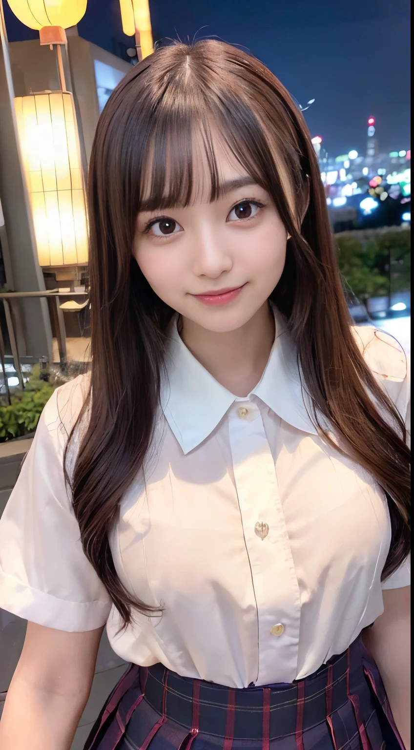 masterpiece, ((((beautiful and cute japanese_young_idol)))),((((collared school shirt)))), ((((illumination)))), ((in the city)), ((pleated skirt, stocking)), (((blunt bangs, long hair))), hyperrealistic, overly detailed, best-realistic, perfect-quality, perfect-anatomy, (((symmetry,double-edged eyelid))), (((8k, 16k))) cinematic photography, open mouth, ((natural_face:1.6)), (((professional photography))), (night view background effect:1.4), ((illumination:1.3)), (smile:1.1)