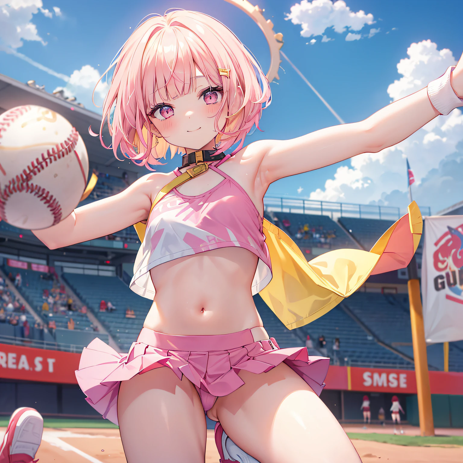 {{{ with asymmetrical gold and pink bob cut}}}, {{{hair of Multi-colors}}}, A smile Tank Tops Ultra mini skirt White short socks Red shoes baseball field thick thighs Low angle with arms outstretched spreading legs hair color is golden