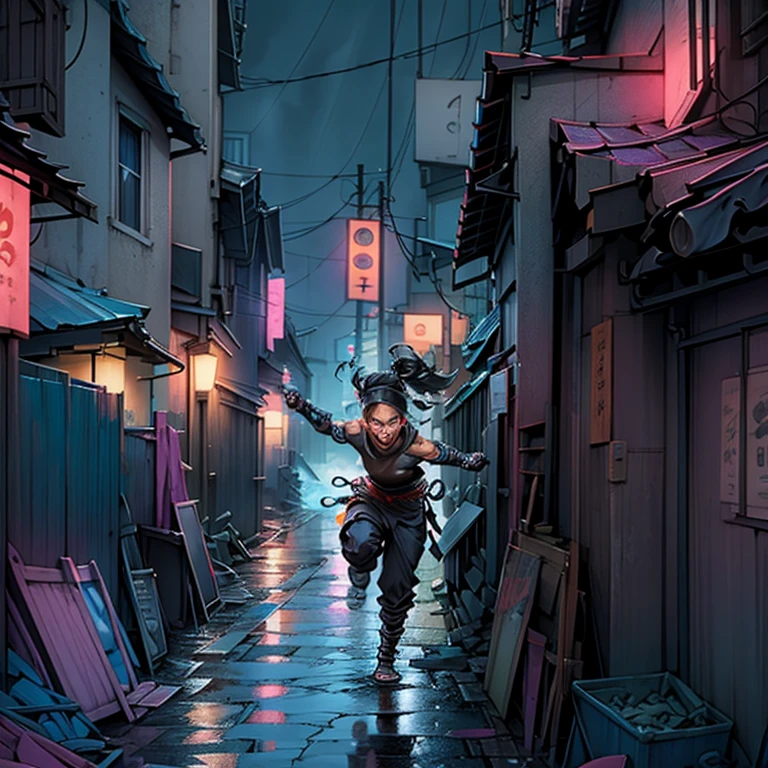 ninja jumping from roof to roof in a town with neonlights and rain