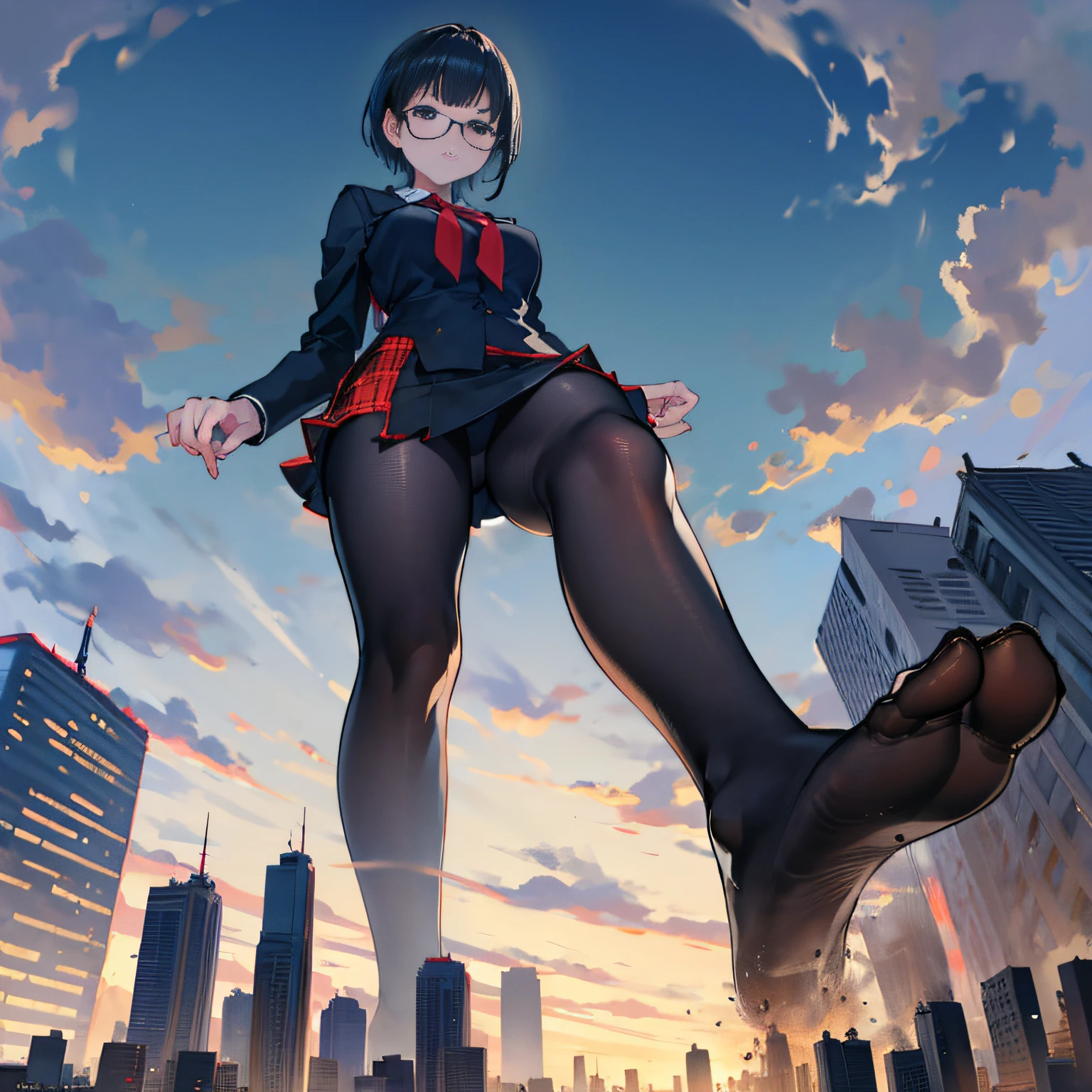 giantess art, a hyperrealistic schoolgirl, , highly detailed giantess shot, der riese, Shorthair, Black pantyhose, A gigantic high school girl that exceeds a skyscraper, Wearing rimless glasses, Colossal tits, Navy blue blazer, Red tie, Mini Length Skirt, Black pantyhose, Pantyhose sole, Pantyhose Toe, hands off shoes, very small metropolis, Trying to destroy a miniature metropolis, Full body depiction, nffsw, der riese, Black pantyhose, Pantyhose legs, Pantyhose feet, ,Stomping City,crash city,Small town,micro city,