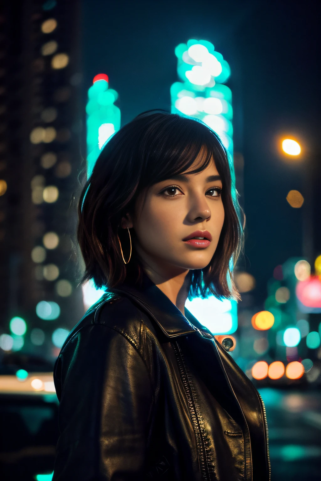 Portrait of Nattorp as a beautiful female model, Georgia Fowler, Beautiful face, with short dark brown hair, in cyberpunk city at night. She  wearing a leather jacket, Black jeans, Dramatic Lighting, (police badge:1.2)