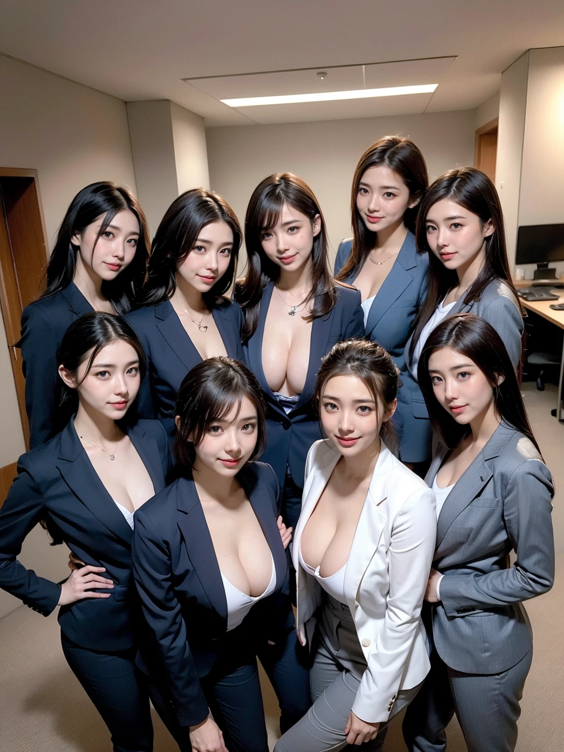 (Masterpiece), (8K, Photorealistic, RAW Photography, Best Quality: 1.4), Japan, Beautiful Face, (Realistic Face), (Medium Hair:1.3), Realistic Eyes, Beautiful Eyes, (Real Skin), Beautiful Skin, Attractive, Ultra High Definition, Ultra Realistic, High Definition, Beautiful Japan woman, grey suit, open jacket, office lady, suit, ((pants)), office, desk, (sticking out buttocks: 1.2), detailed face, long hair, smile, group picture, multiple girls, 4girls, looking at viewer, ((smile)), (huge breasts)