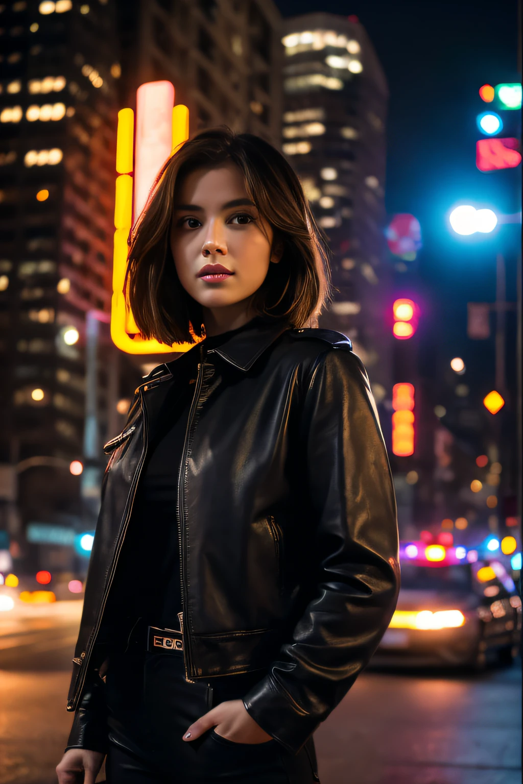 Portrait of Nattorp as a beautiful female model, Georgia Fowler, Beautiful face, with short dark brown hair, in cyberpunk city at night. She  wearing a leather jacket, Black jeans, Dramatic Lighting, (police badge:1.2)