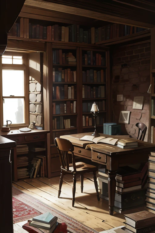 (absurdres, highres, ultra detailed, realistic, ) a messy room interior of a basement with a small window, stone and brick walls, bookcases full of old books, books and boxes on the stone floor, old and ruined Persian carpets on the floor,old worn out work table, wooden chair, dim light from a candle on the desk, antique trunks full of objects, messy, caos
