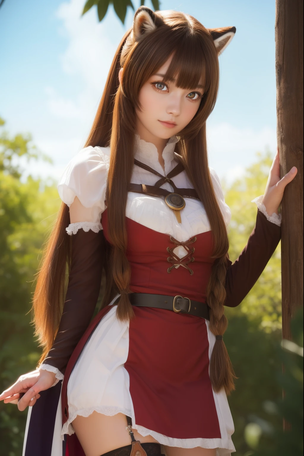 masterpiece, best quality, (realistic,photo-realistic:1.4), (RAW photo:1.2), extremely detailed CG unity 8k wallpaper, delicate and beautiful, amazing,finely detail, official art, absurdres, incredibly absurdres, huge filesize, ultra-detailed,extremely detailed eyes and face,light on face,little smile,asuna yuuki,(caramel hair:1.4),(wearing lingerie:1.4),jungle background,long hair