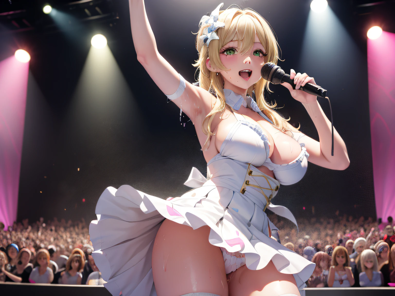 Singing and dancing on stage, Idol, a blonde, green eyes, medium size girl, big breast, white and pink ruffled skirt dress, holding the microphone, sweating, happy look, red face, looks fun, body wet and dripping , Live broadcast .