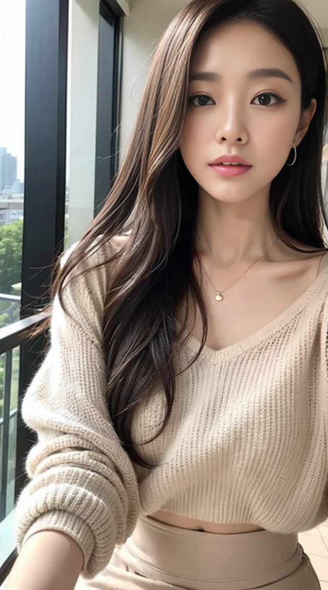 dark brown hair、Light brown eyes、The face of the Japan actress、 Lady、Face about 40 years old.、(intricate-detail:1.2)、(top-quality:1.4)、 (超A high resolution:1.2)、超A high resolution、(A detailed eye)、(detailed facial features)、nffsw、8K resolution、D cup size breasts、Wear a warm, loose-fitting white sweater、set skirt 、length hair、I took a selfie、I took the photo myself、Terrace view room、