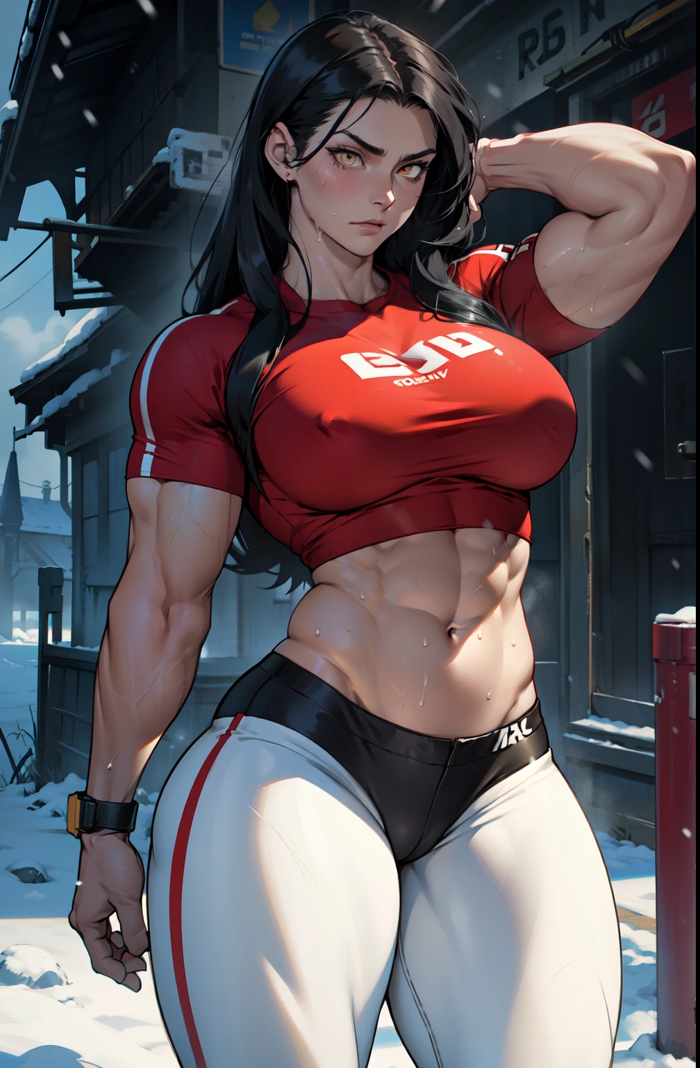 pale skin solo 1 girl black hair yellow eyes expressionless (very long hair sweaty) dark atmosphere (???????????? bodybuilder toned body muscular) tight red shirt tight pants curvy thick thighs wide ???? snow veins