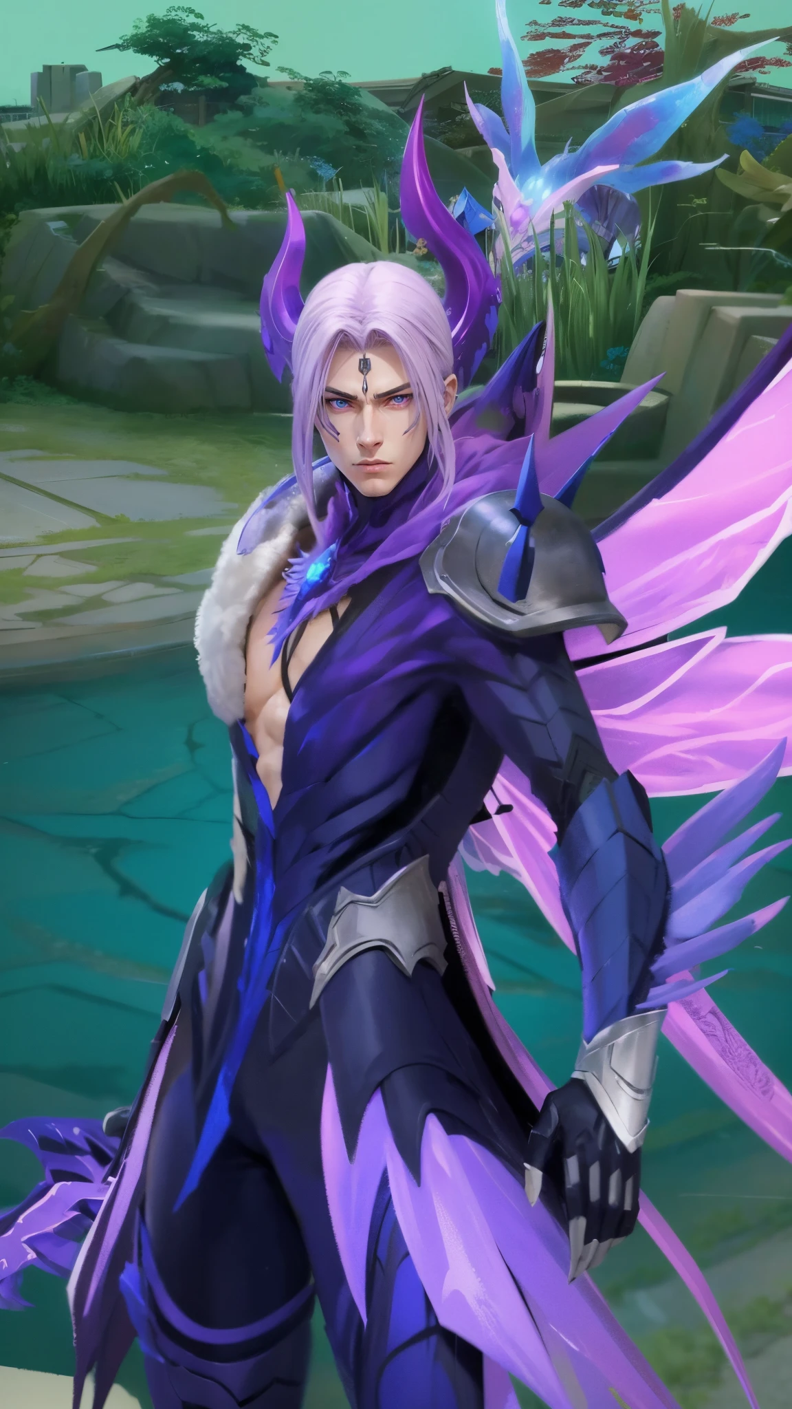 Anime villain, realistic, 1 boy, cool, heandsome, 8k quality, light purple eyes