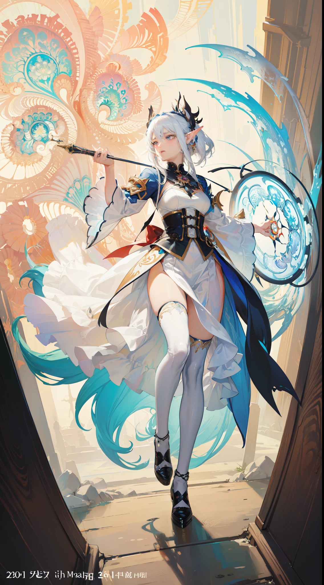 (masterpiece, top quality, best quality, official art, beautiful and aesthetic:1.2), (elf), (1girl), white hair, extreme detailed,(fractal art:1.3),colorful,highest detailed, art by Artgerm, by wadim kashin, by Kawacy, by Yusuke Murata