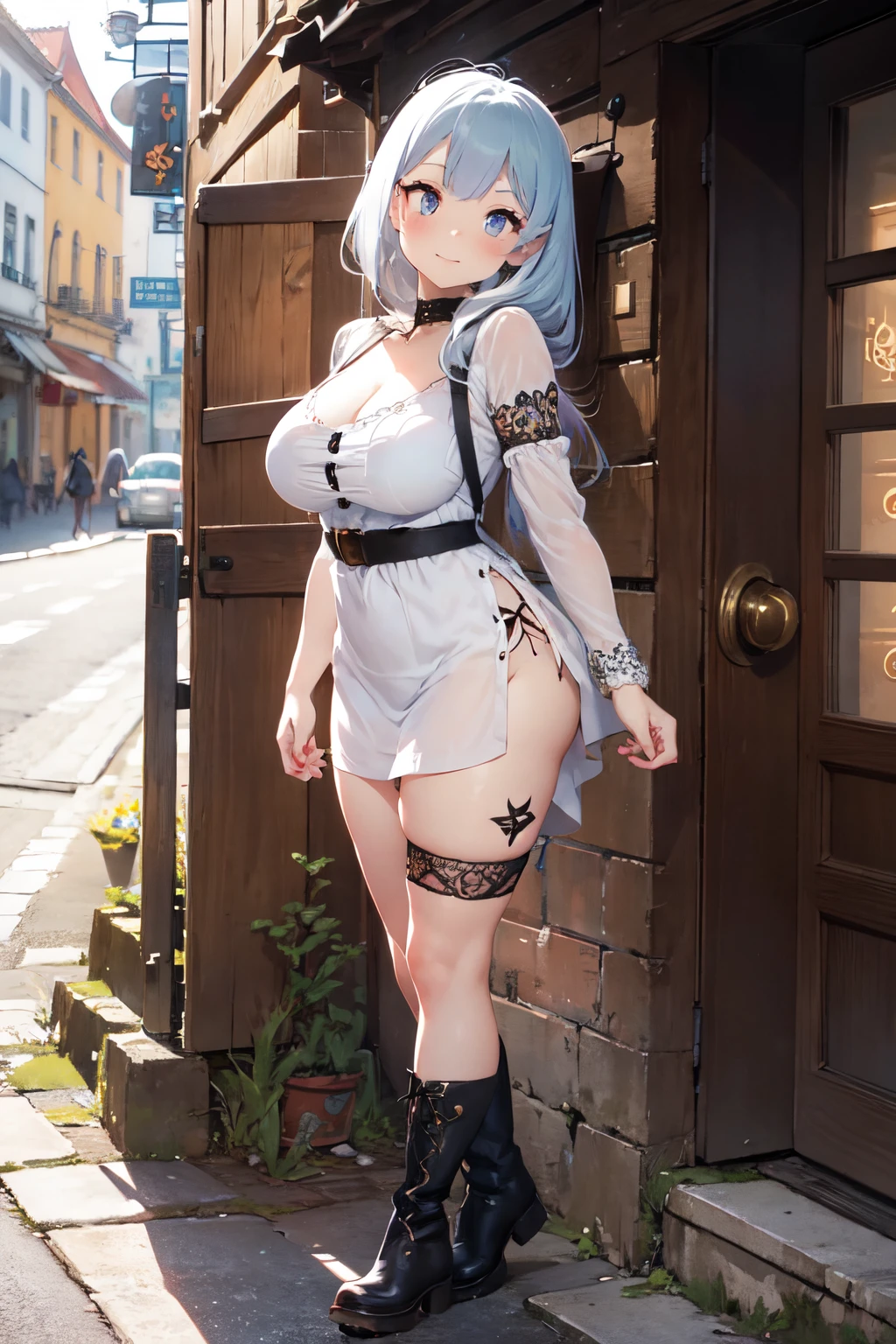 Classic tattoos, Long eyelashes, Big eyes, Happy face, Boots, Intricate clothes, Full body, Standing, Summer, Ancient city, Day light, Hard light, Anime, Woman, One, 20 Years old, Piercing, Gnome, Fat, White skin, Pale skin, Large breasts, Thick thighs, Big ass, Antique clothing, Decollete, Dress