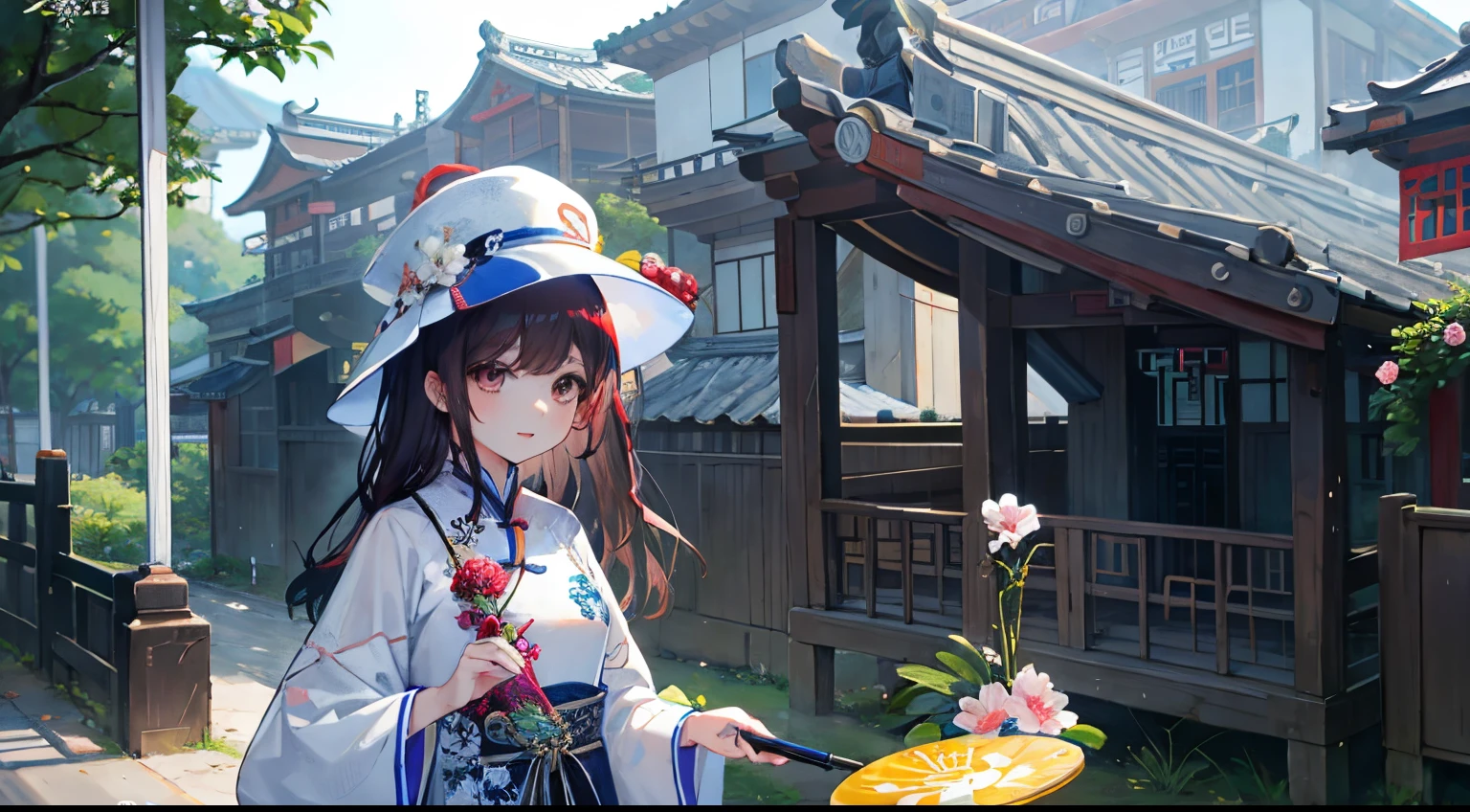 There&#39;s a woman there holding a Frisbee and a flower, Cover Photo Cuckoo Portrait, zhouzhuang ancient town, Chinese woman, wearing travel hat, xintong chen, maam, no watermark, a young asian woman, xiang duan, no watermark, ChineseGirl, portraitures, qiu fang, Match with ancient Chinese costumes