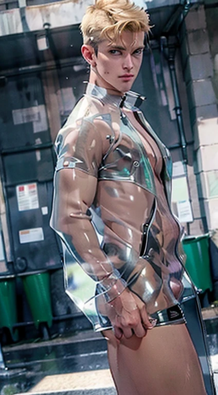 blonde hair male clear raincoat, tight ass