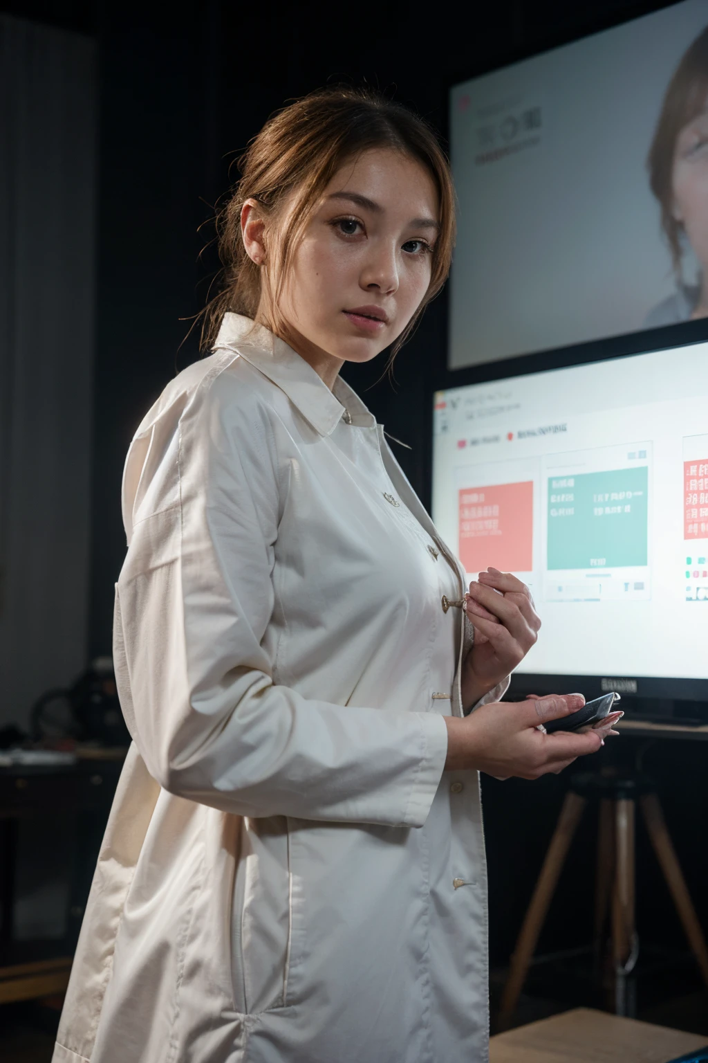 (pintura digital)、(qualidade superior)、Woman in a white coat giving a talk in front of the screen、gamean explaining price movements、Comerciante、Monitoring currency charts、FX、troca、Estilo de arte Ukiyo-e、The inspiration of florence nightingale、8K Ultra Real、Pastel color schemes、soft lighting、vibrancy