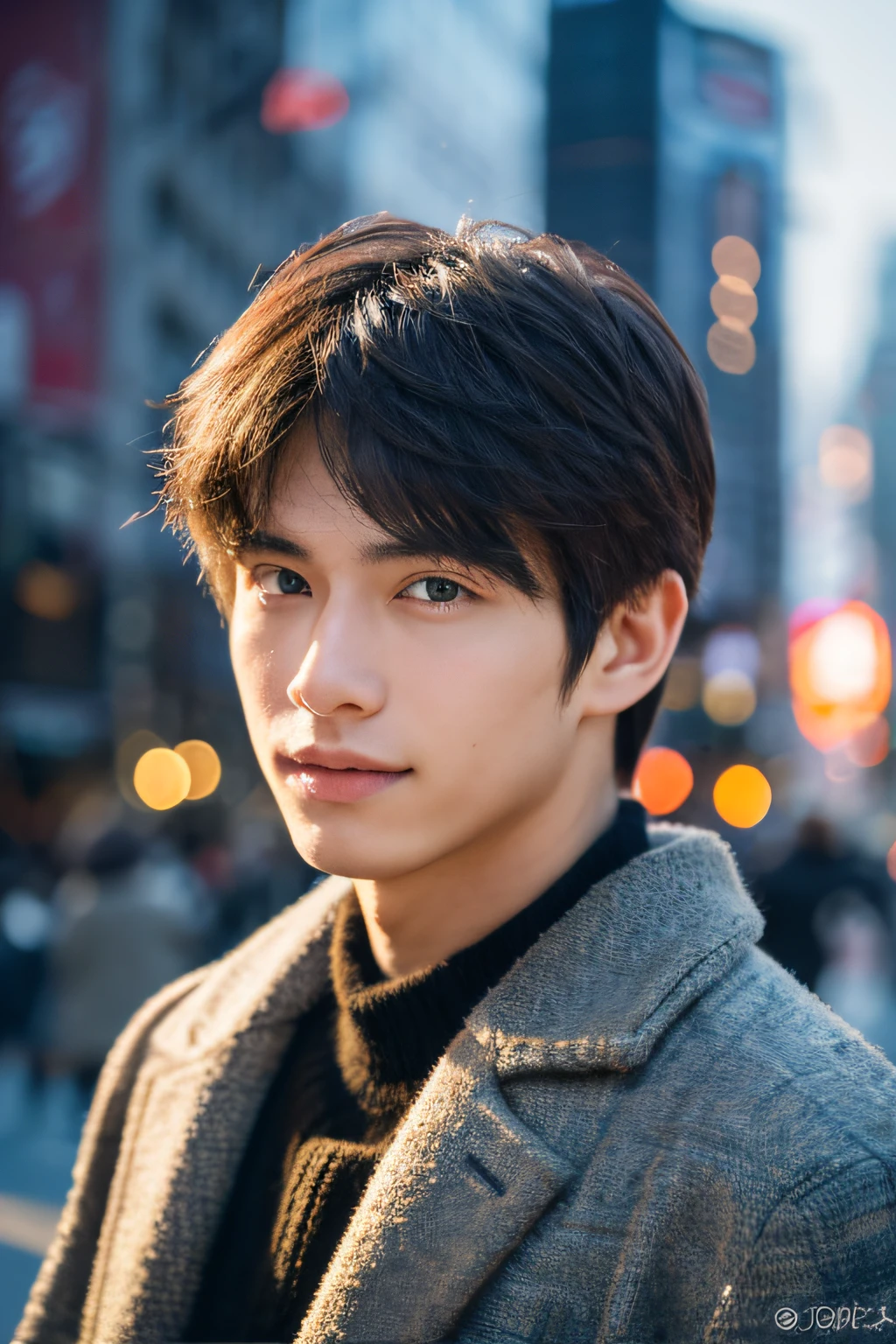 Photorealsitic, 8K full body portrait, a handsome, An 18-year-old man, A charming expression, detailed face details, TOKYOcty, Winters, Shibuya in the background