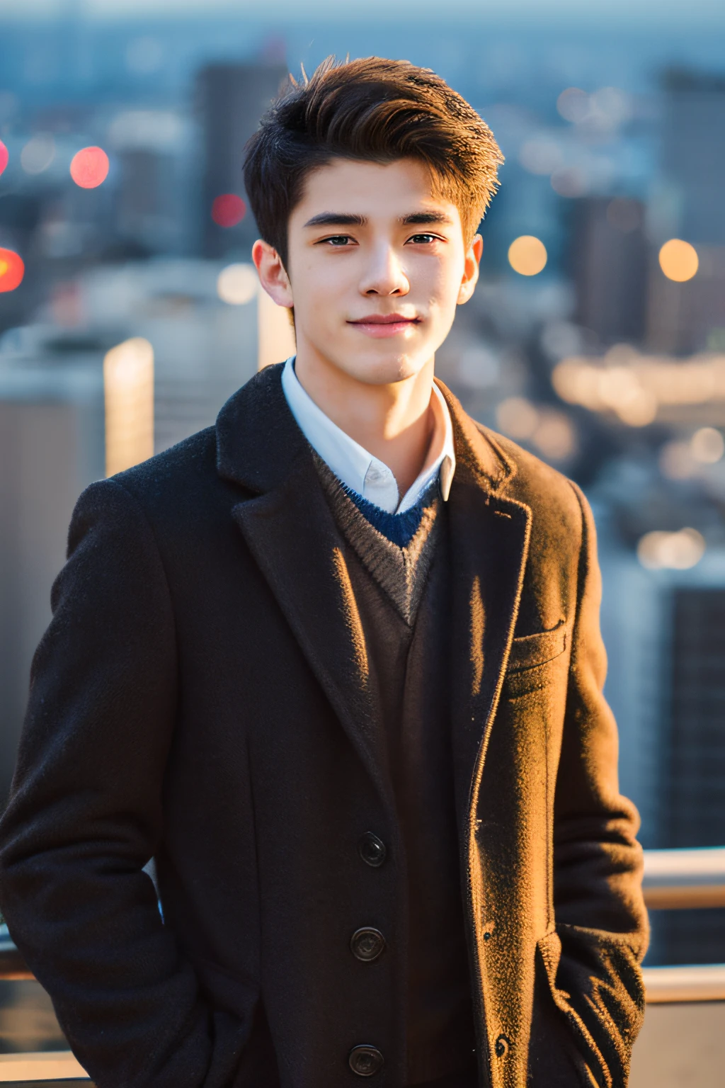 Photorealsitic, 8K full body portrait, a handsome, An 18-year-old man, A charming expression, detailed face details, TOKYOcty, Winters, Shibuya in the background