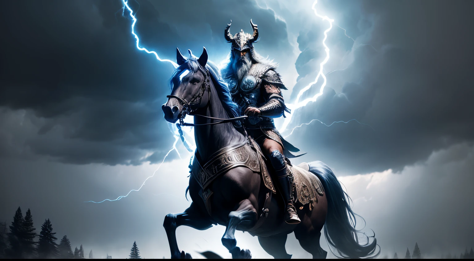 odin on a magic horse,illustration,mystical,powerful horse,beard,horned helmet,thunderbolts,enchanted forest,stormy sky,magical aura,best quality,ultra-detailed,realistic,concept art,dramatic lighting,vibrant colors