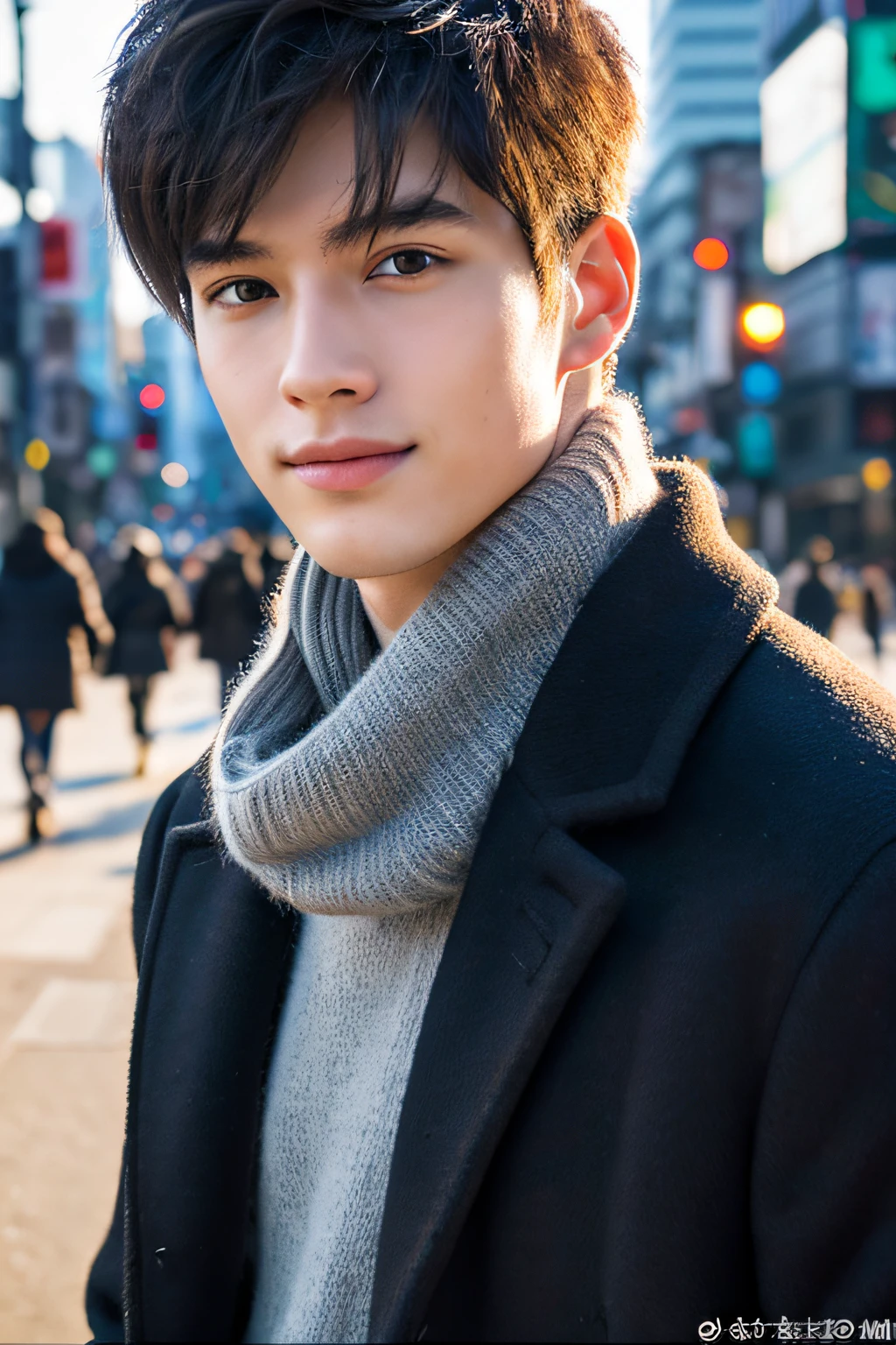 Photorealsitic, 8K full body portrait, a handsome, An 18-year-old man, A charming expression, detailed face details, TOKYOcty, Winters, Shibuya in the background