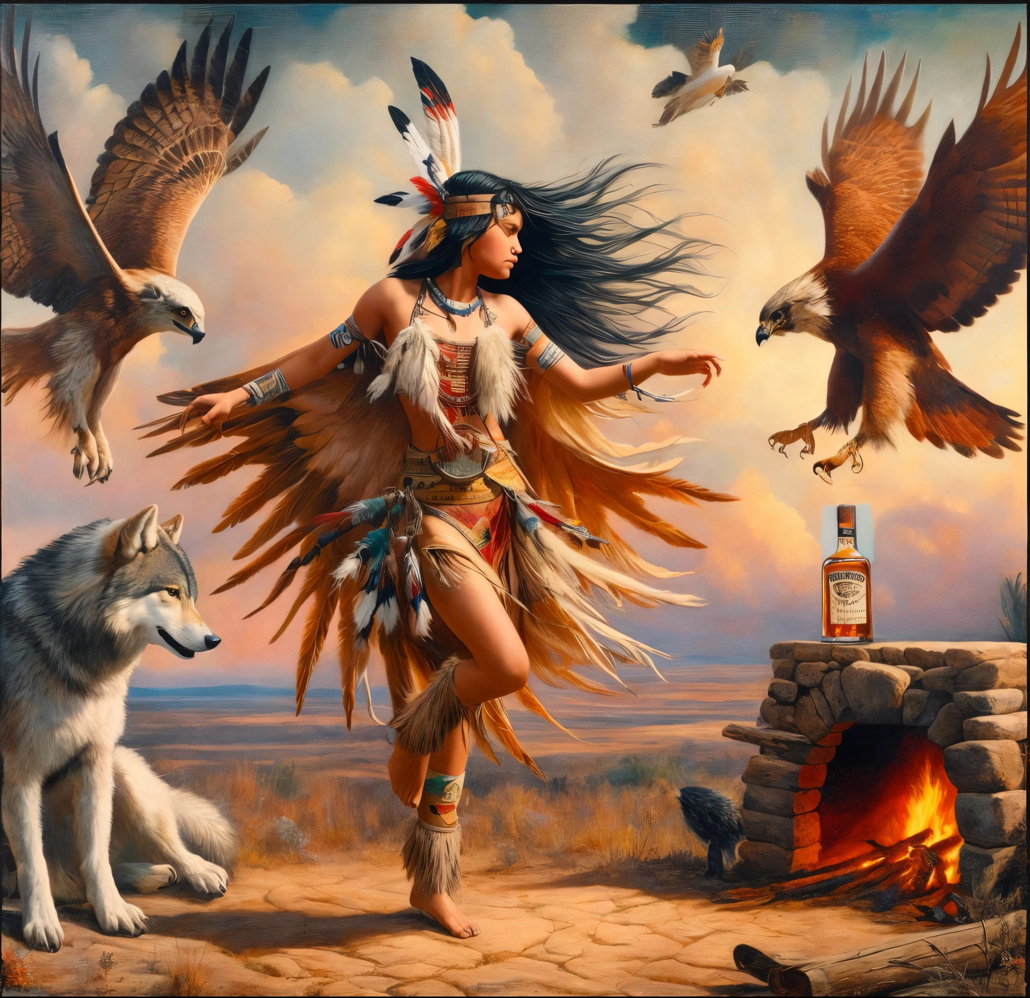 An artistic painting of a Native American girl dancing with two wolves and two hawks from the American West, with a tattoo on her body of a camp stove in the middle of the plains, drinking a bottle of whiskey.