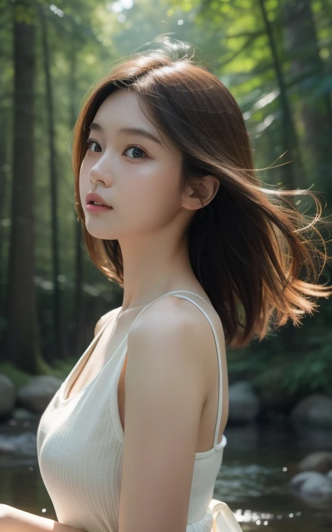 masterpiece, bestquality, 10, 1 girl, Cute Japanese Girl, in summer, forests, stream, out of focus, 18 me, large boobs, mouth slightly open, little cute, bara, depressed, depressed, Summer Dresses, Girly, Delicate Girl, Neat and clean beauty, RAW photo, Professional Photography, portrait, Soft light, Professional lighting, back Lighting, Upper body, Watch the audience, intricate, grain of film, (Detailed eyes and face:1.0), Short hair swaying in the wind., Beautiful, flowing brown hair.,
